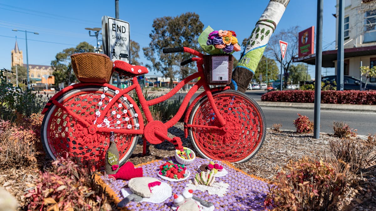 Yarnbombed bike in the Tree Jumper Exhibition