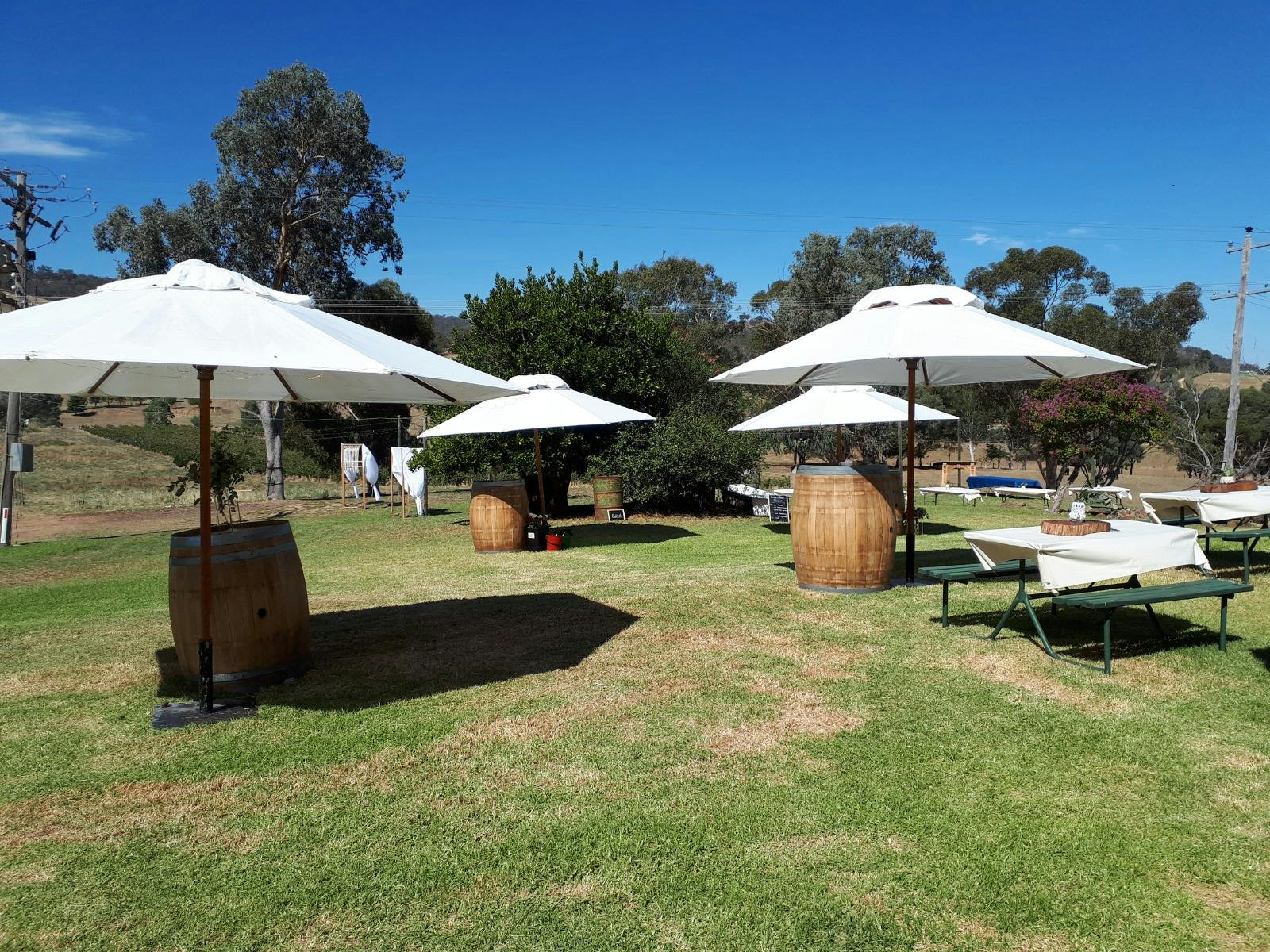 Umbrellas and wine barrels set for a wedding with white seating at Splitters Creek Vineyard
