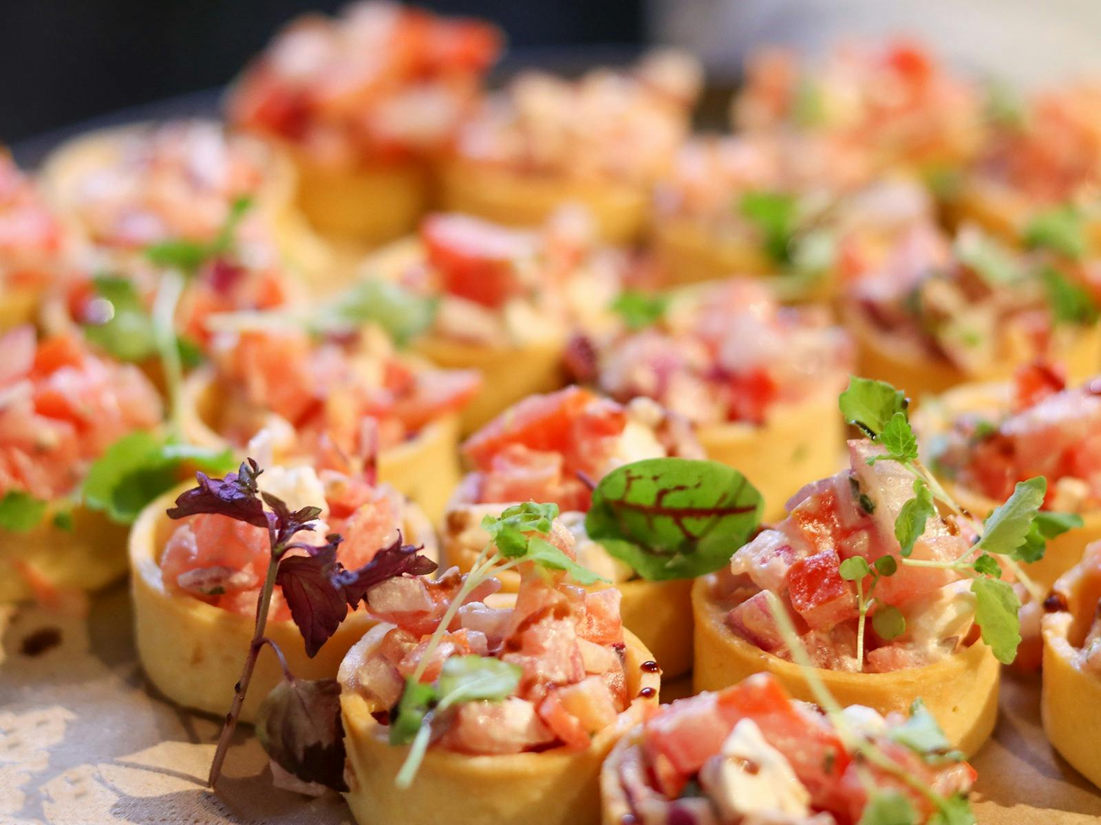 Close up of prawn canapes on a tray