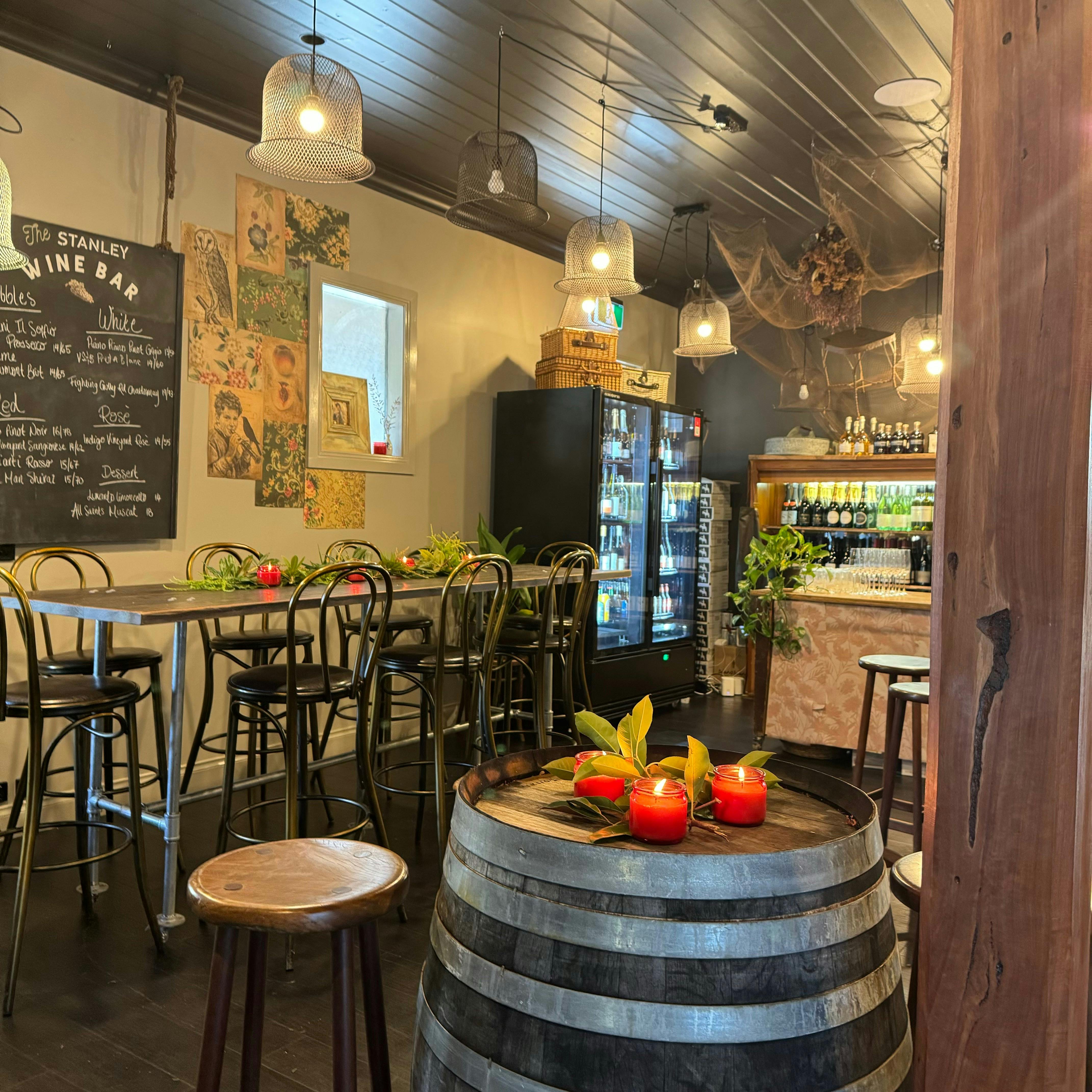 table and wine barrel in the cafe