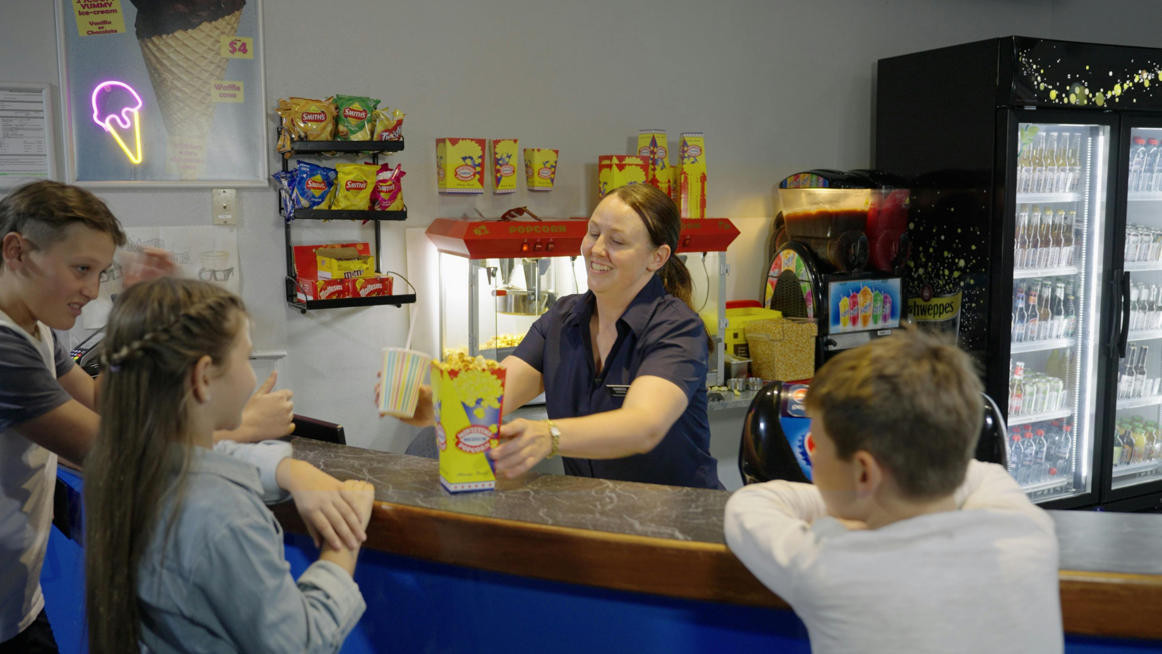 Popcorn caramel or salted + Choc tops drinks and more