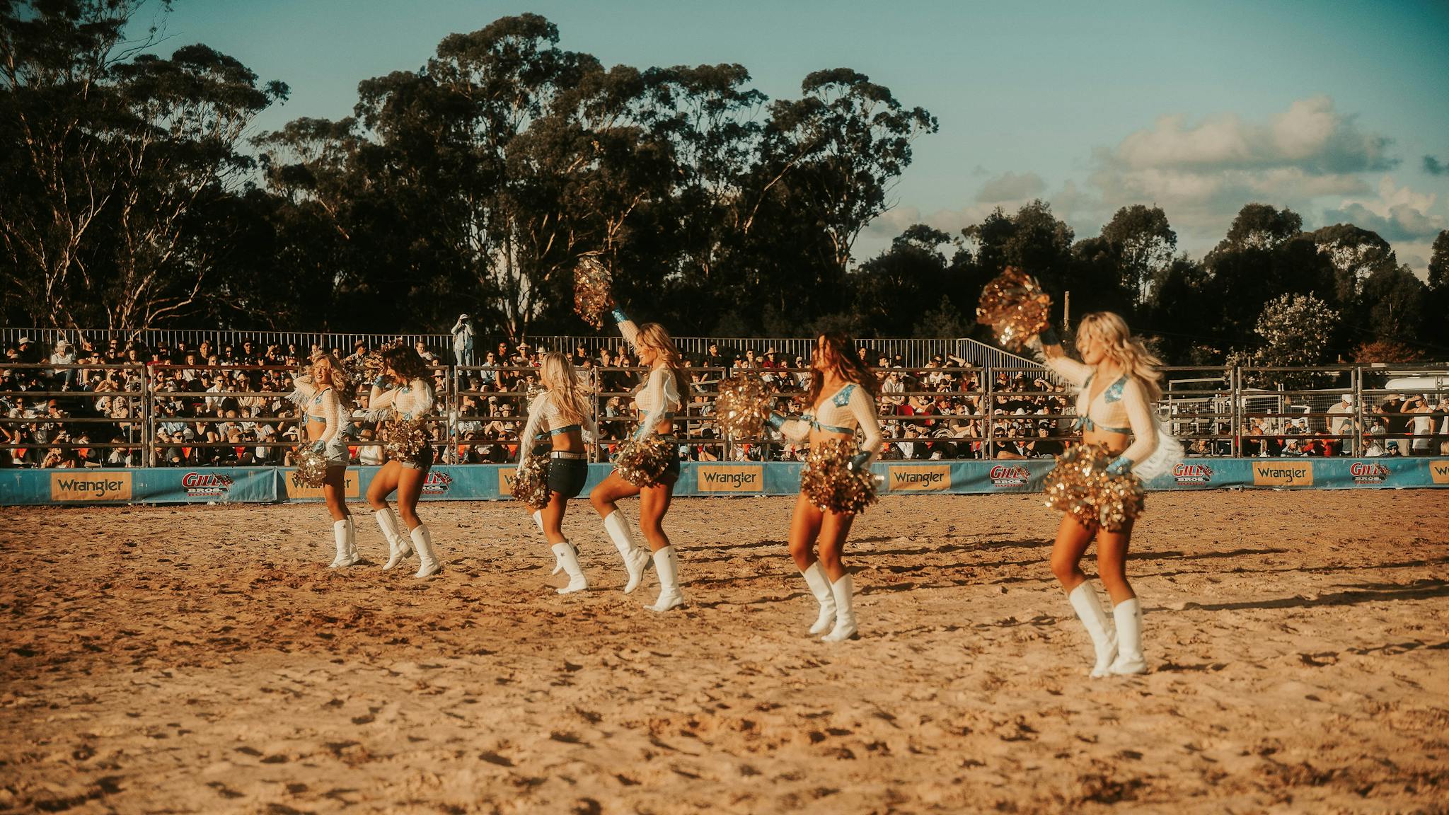 A group of 6 cheerleaders entertain the sold out crowd at Sydney Rodeo