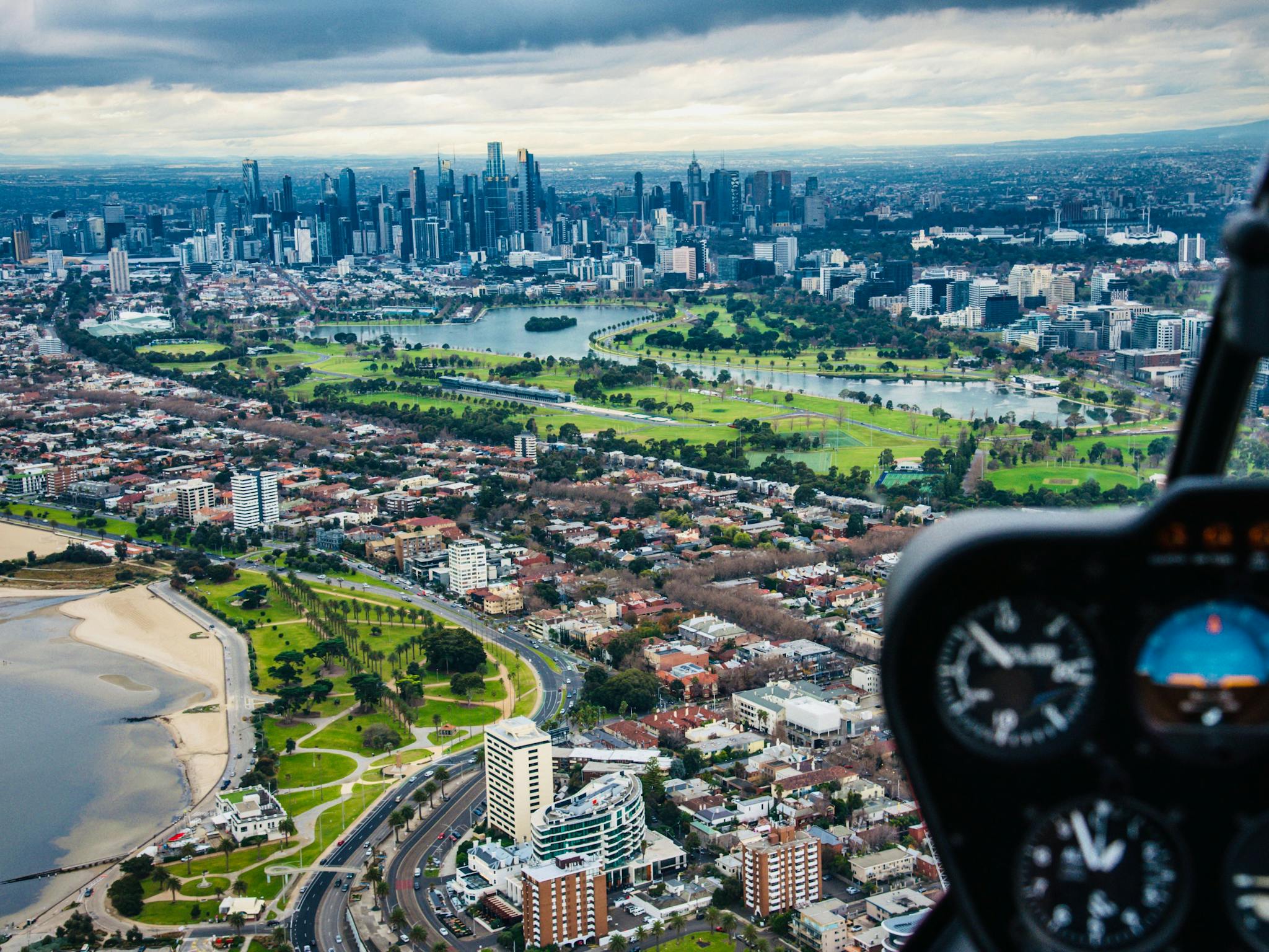 Helicopter Scenic Flight over Melbourne City St Kilda Beach Albert Park with Rotor One
