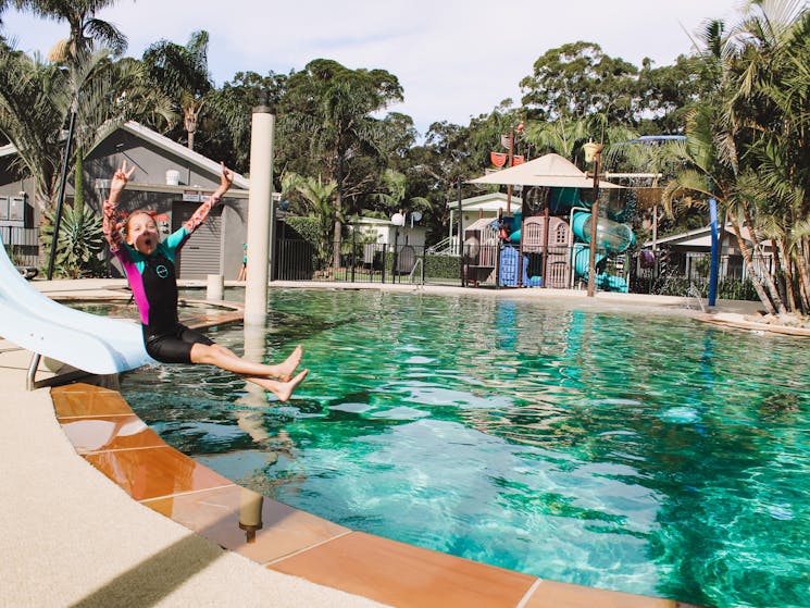 Waterslide, pool, splash pad and playground