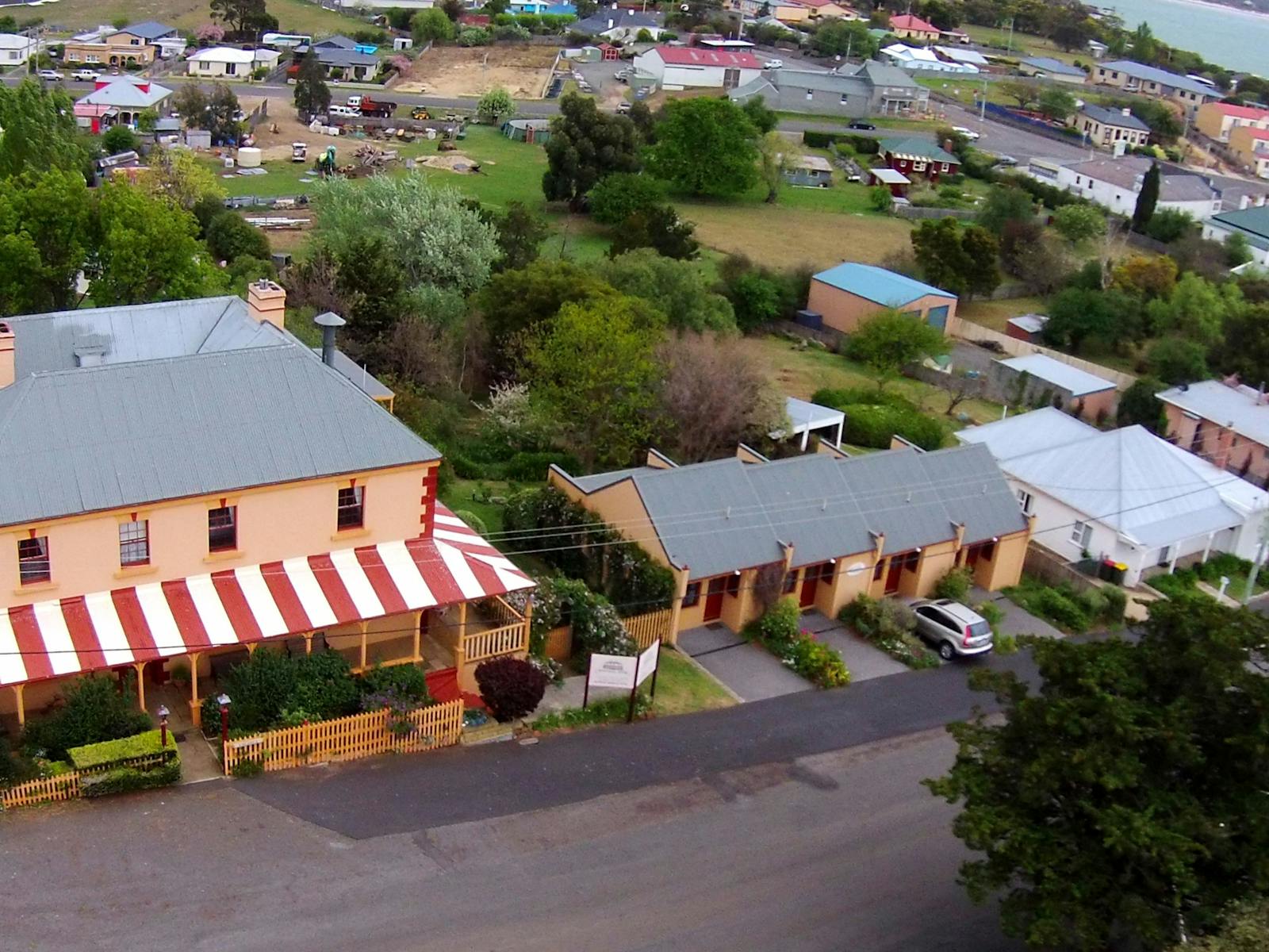 An ariel view of the main house and the adjoining mews