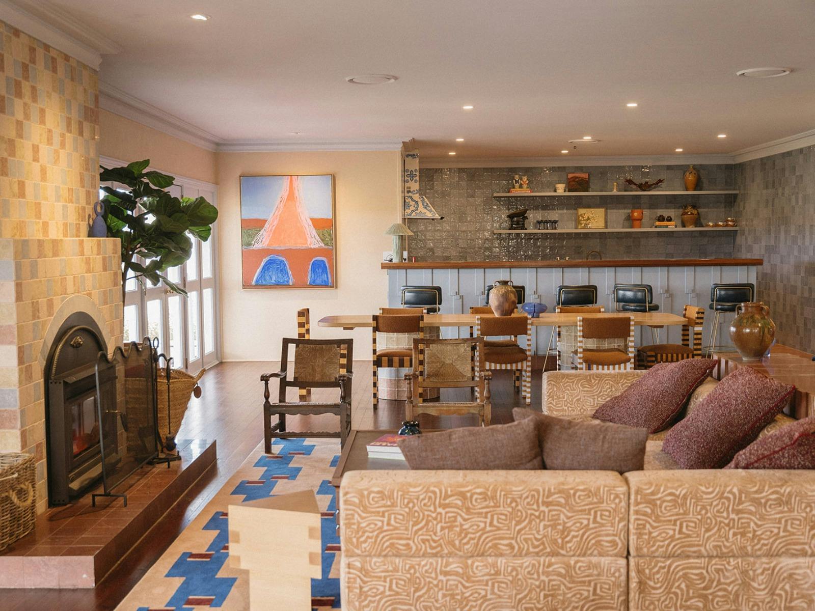 Main House fire place, lounge, dining & kitchen