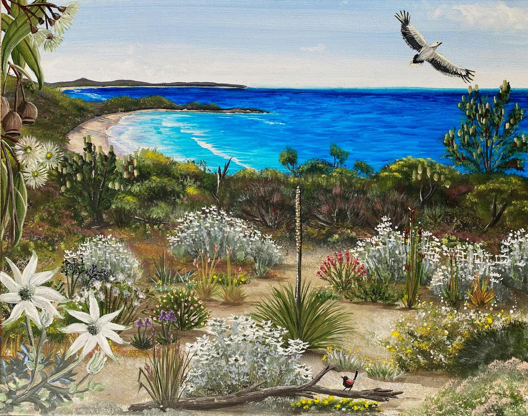 Yuragir National Park headland with flannel flowers - Acrylic on Canvas