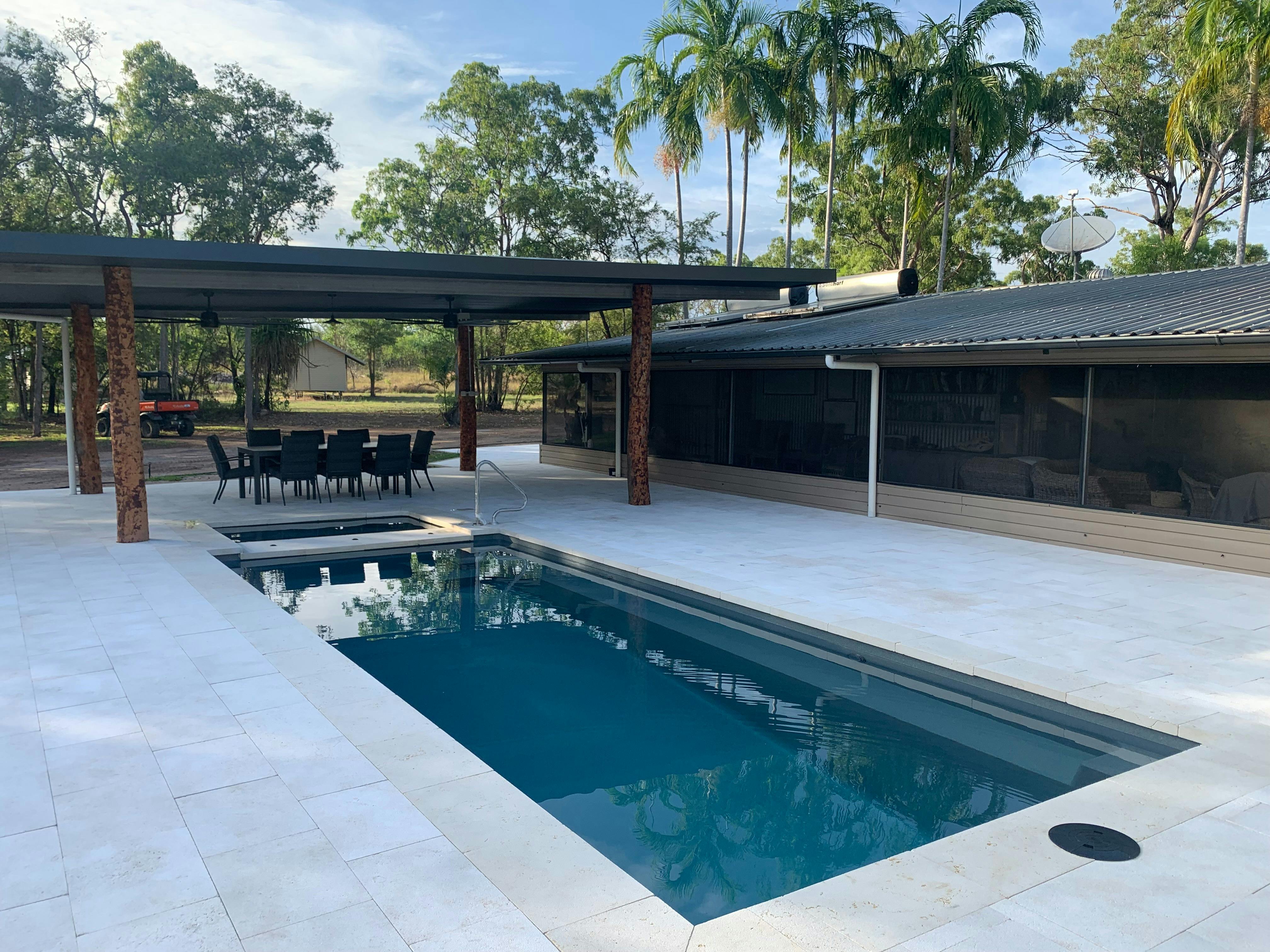 Our New Pool and Spa area with a fan cooled under cover area