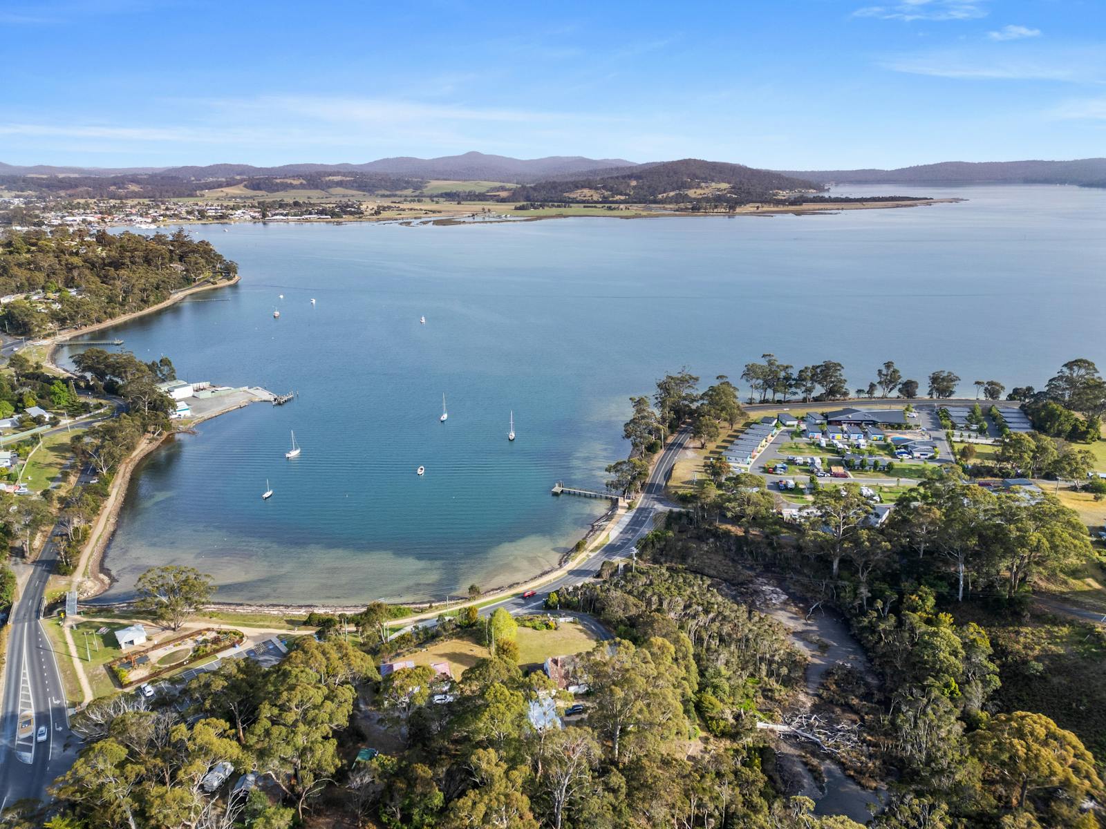 Aerial over Georges Bay | Tasman Holiday Parks - St Helens