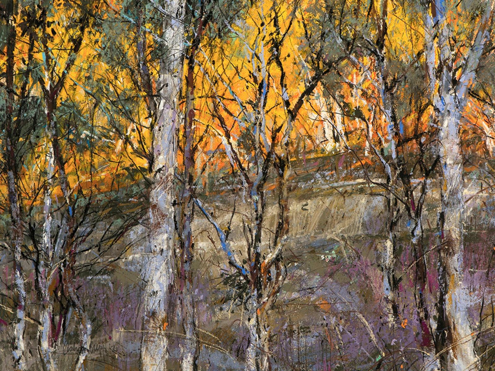 Pastel landscape in oranges, brown, mauves etc on museum board