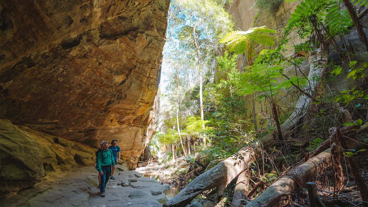 Eco-guide walking under a cave ledge