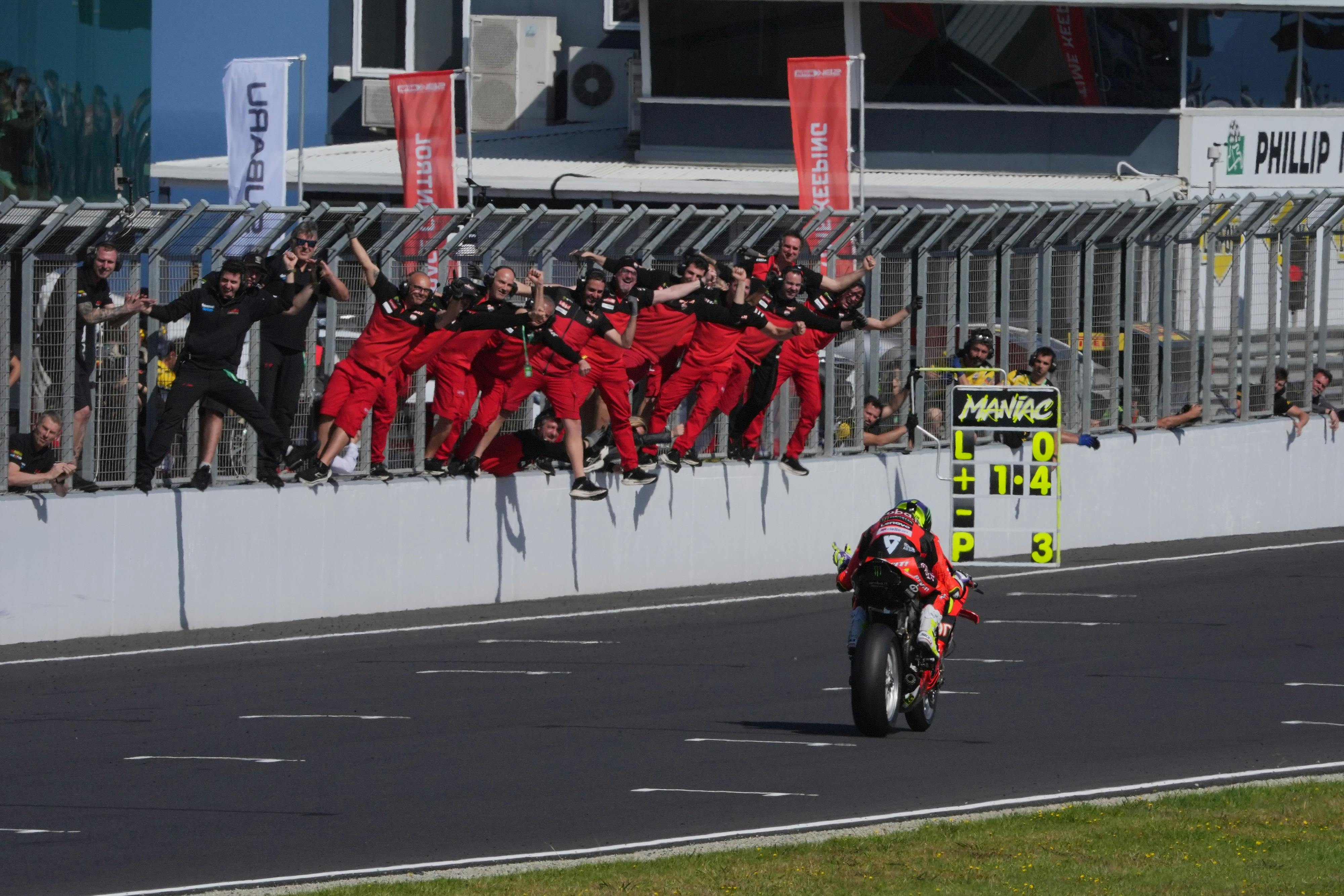 WorldSBK team celebrating their race win.
