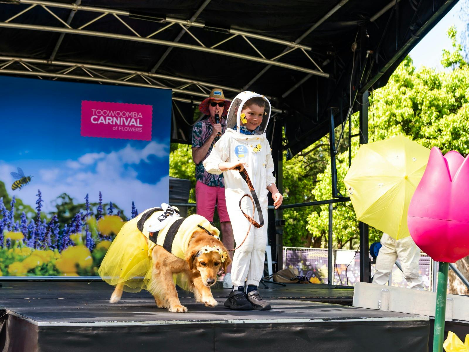 A boy dressed as a beekeeper leads a golden retriever dressed as a bee onto a stage.