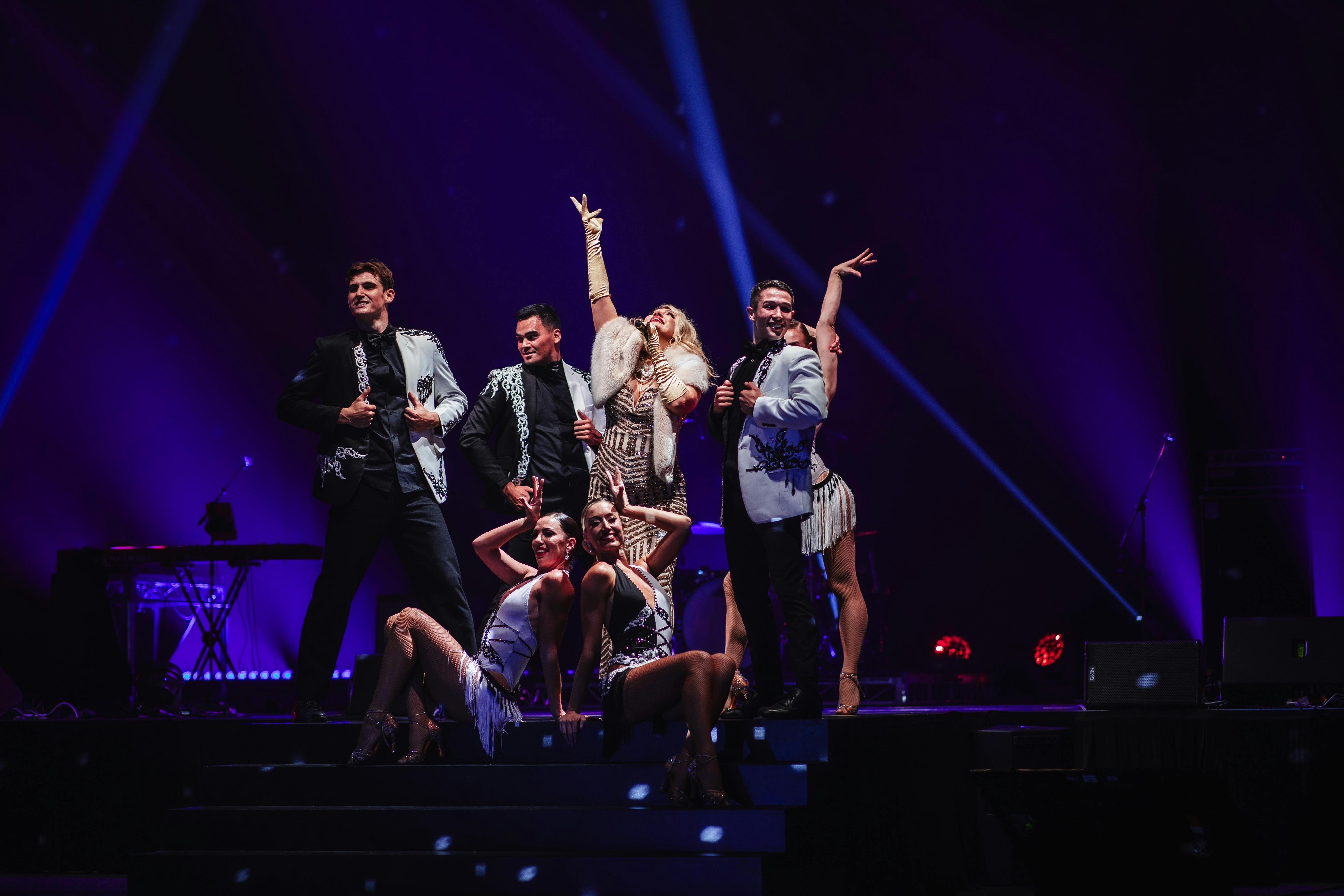 The cast of our Gatsby Extravaganza Feature Show posing mid-show