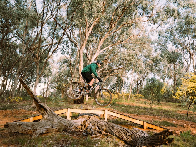 Mountain biker jumps over a bridge in Pomingalarna Reserve