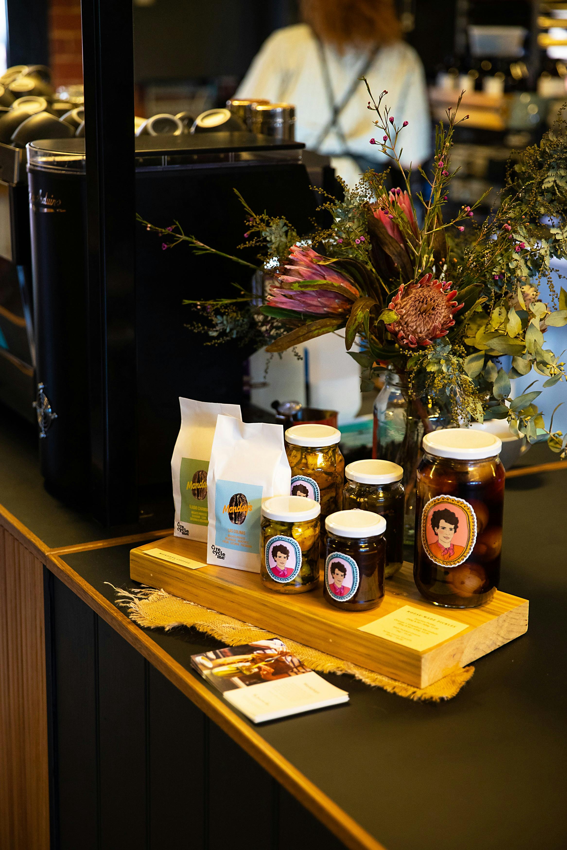 A display of house-made pickles and preserves at My Grandma Ben