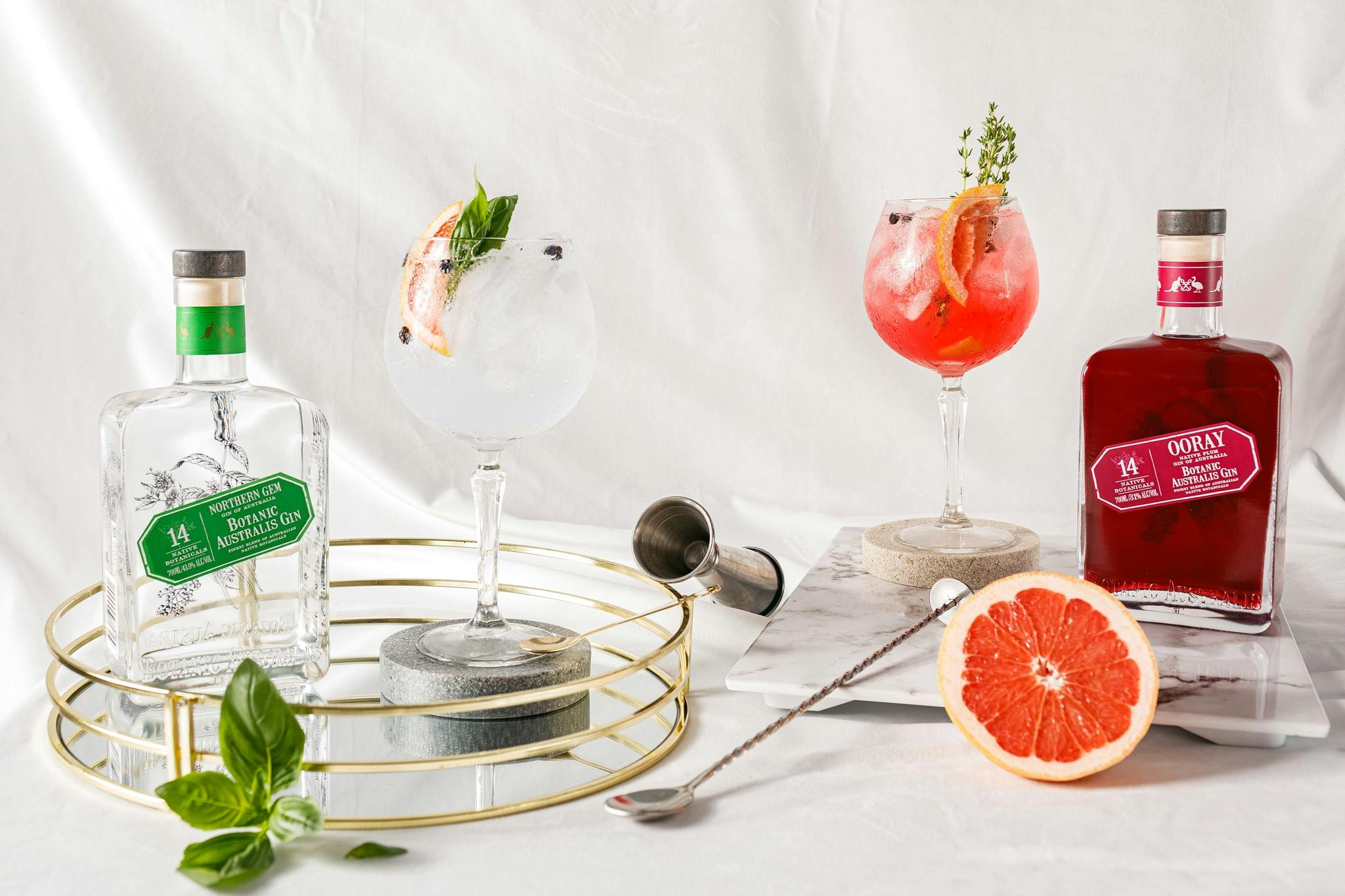 Botanic Australis gin served with fresh garnishes at Mt Uncle Distillery