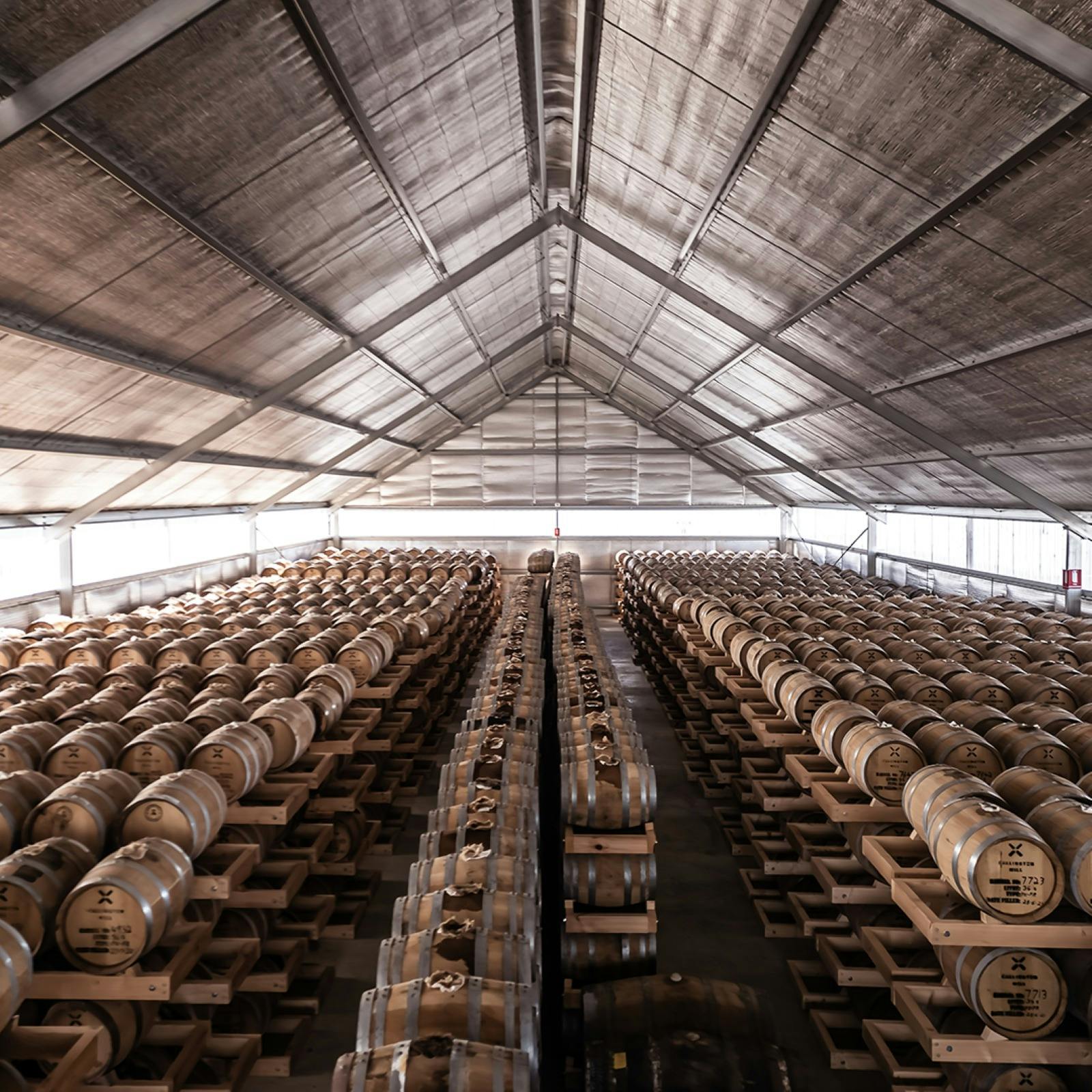 Birds eye view inside shed that is filled with whisky casks