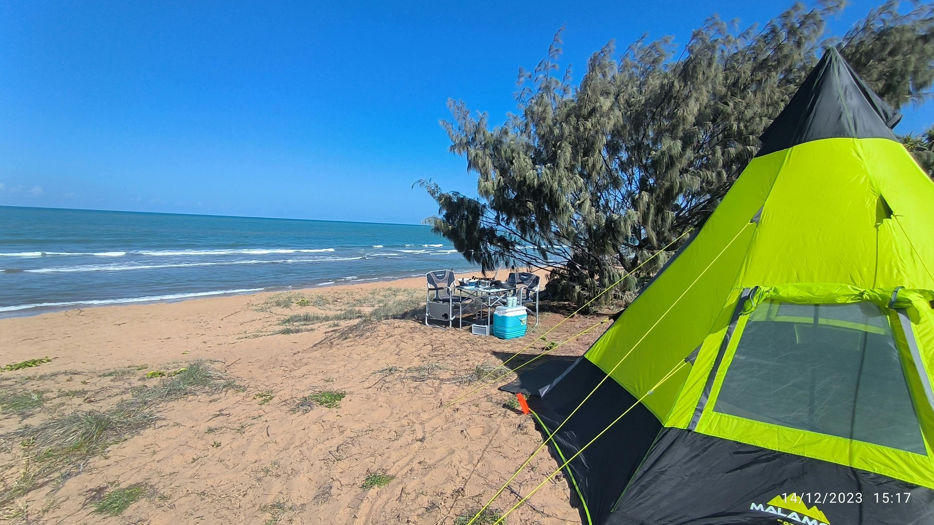 Camped on a beach overlooking the ocean