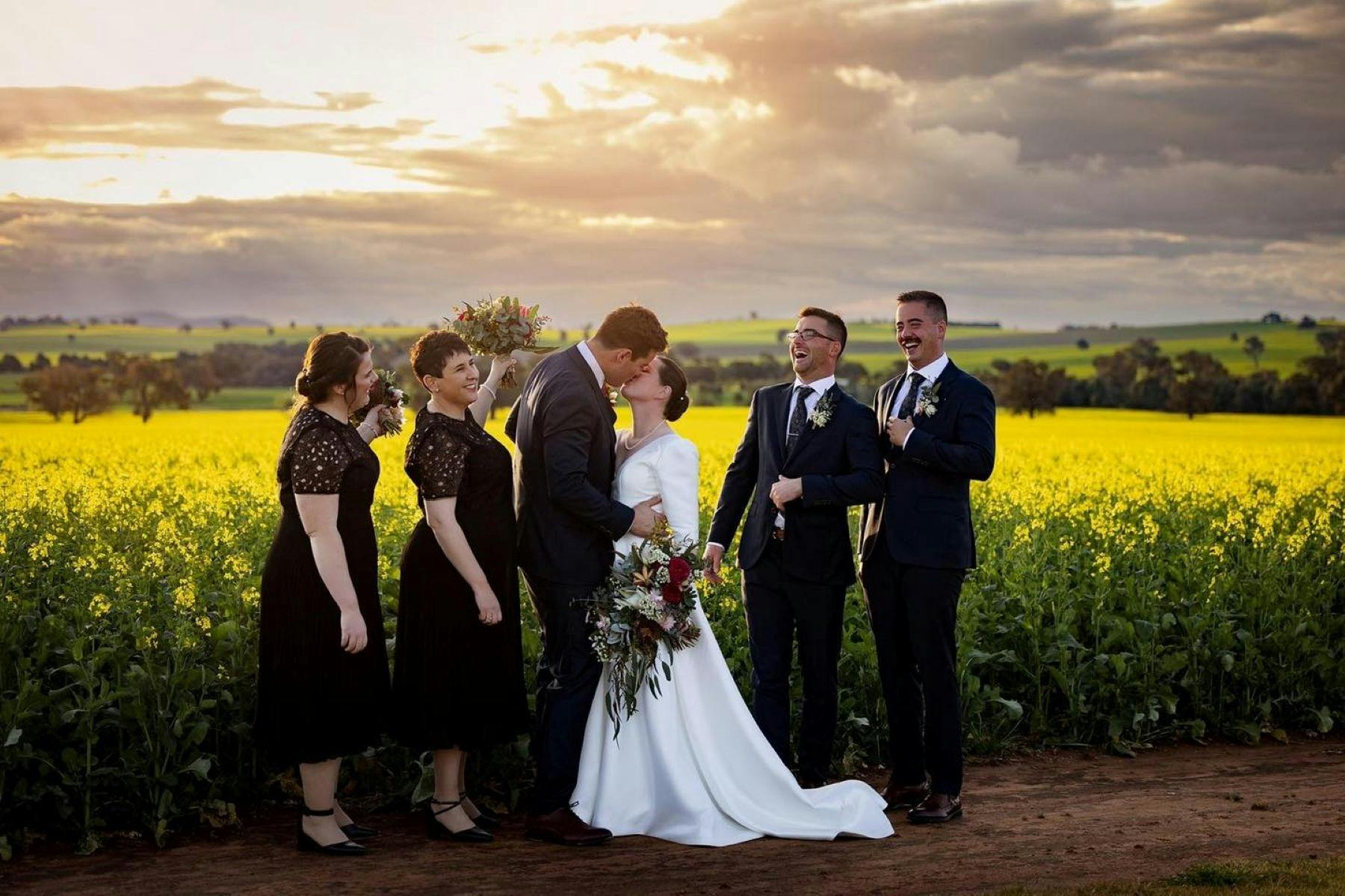 Bride and groom kissing with groomsmen and bridesmaids celebrate in front of bright yellow canola.