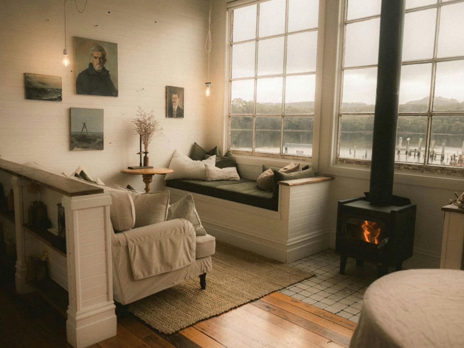 The fireplace in a tasmanian cottage overlooking the water to the incredible views