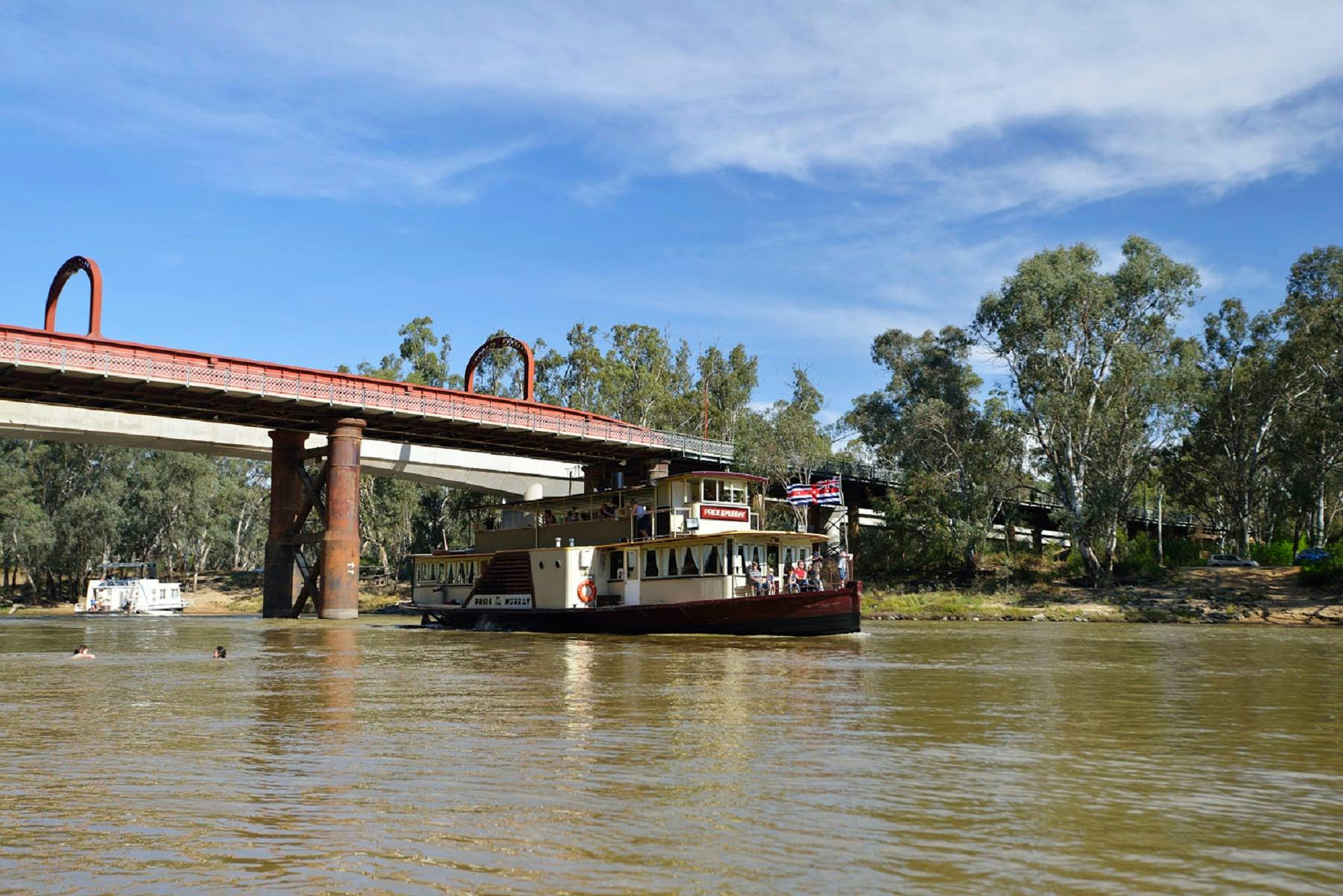 historic paddlesteamer sailing past Moama Beach