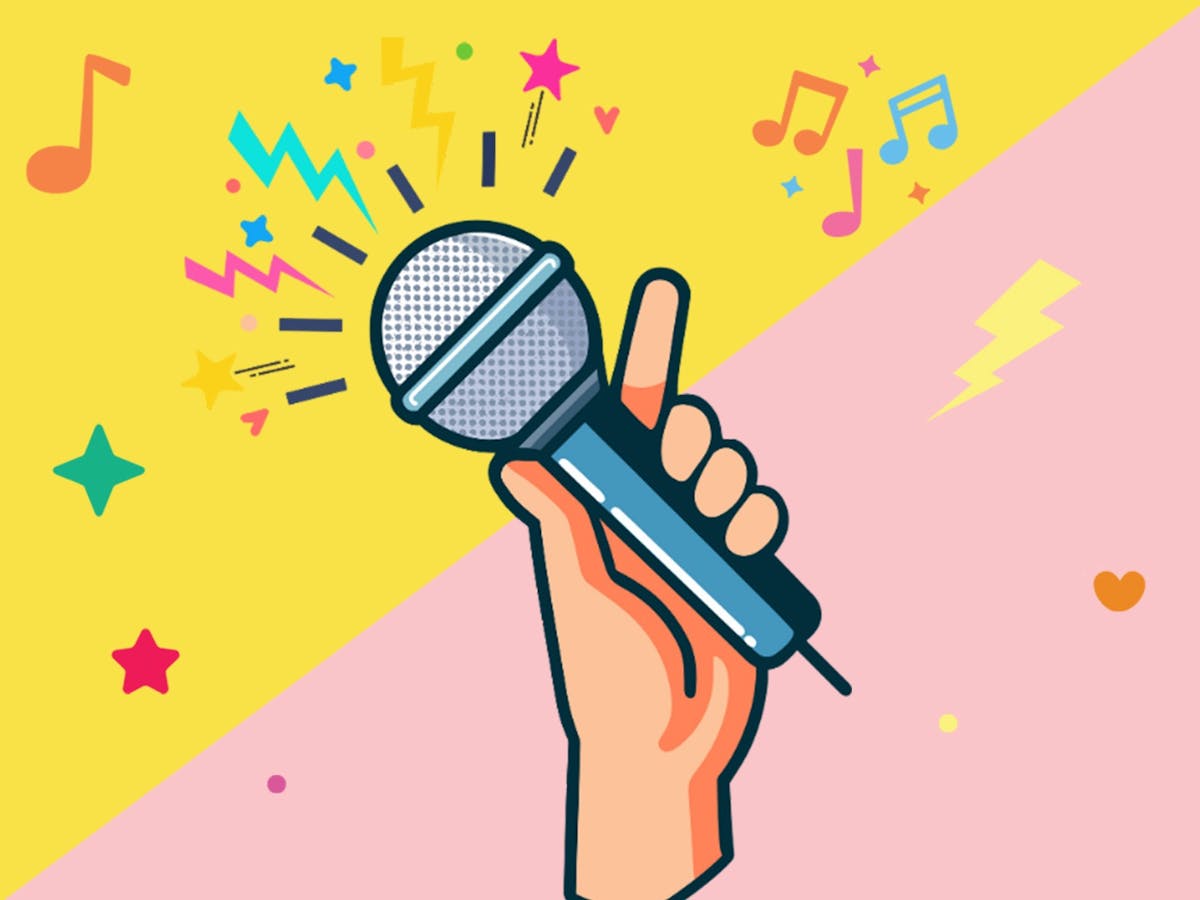 Vibrant geometric background with a cartoon hand holding a microphone, with lightning & music notes