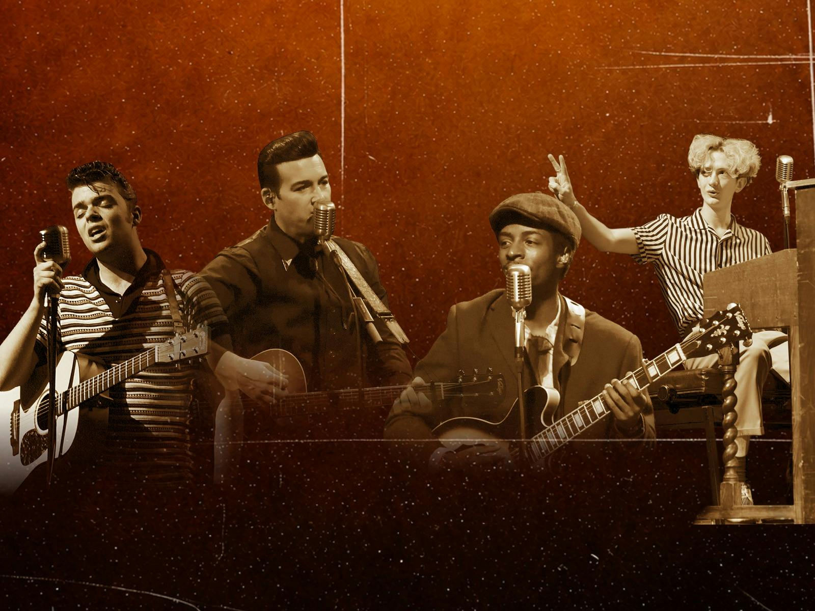 Sepia toned image of performers dressed as 50s 60s musicians