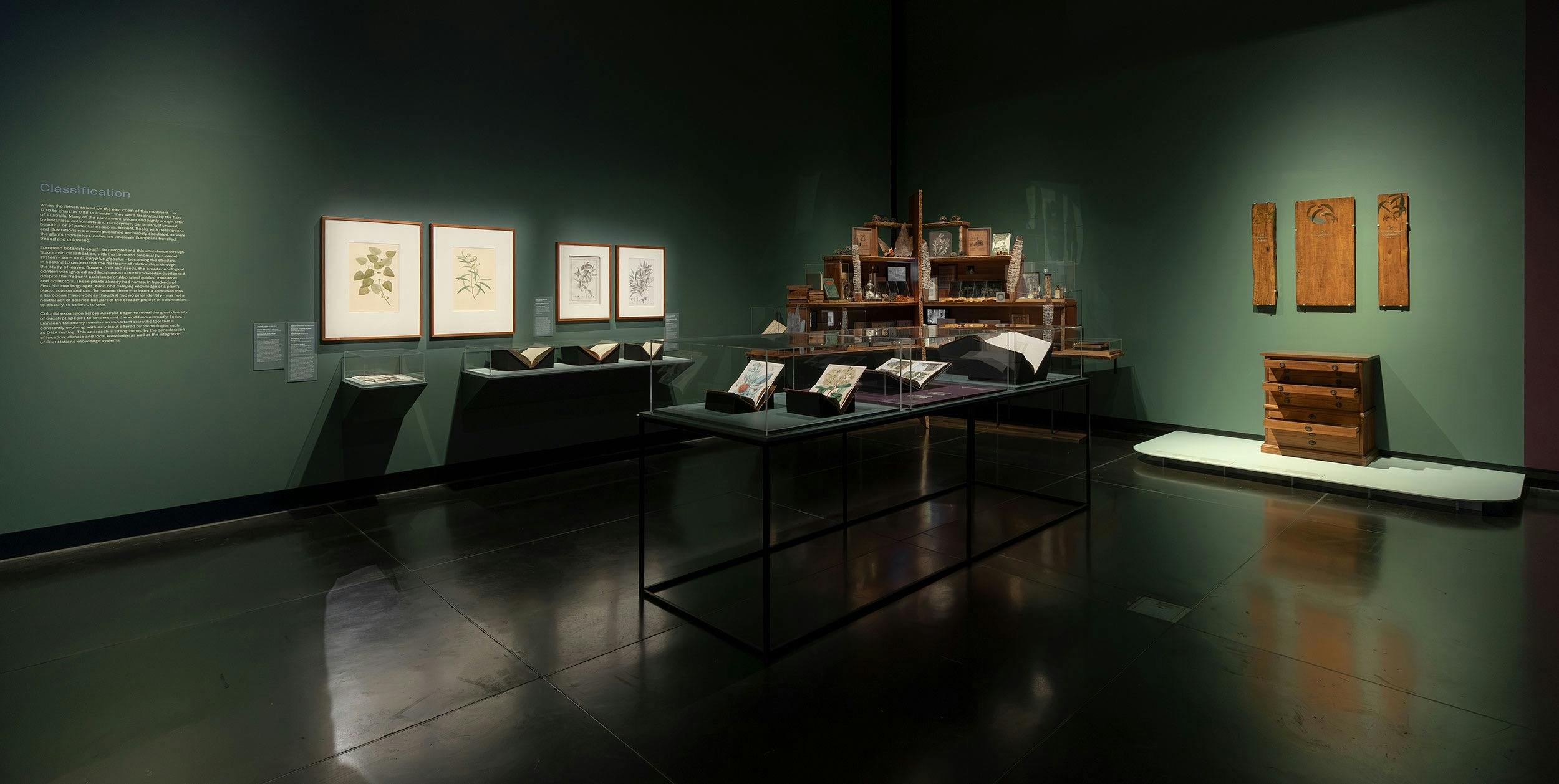 Dark-green-walled room with installations of prints, cabinet with archival materials and book.