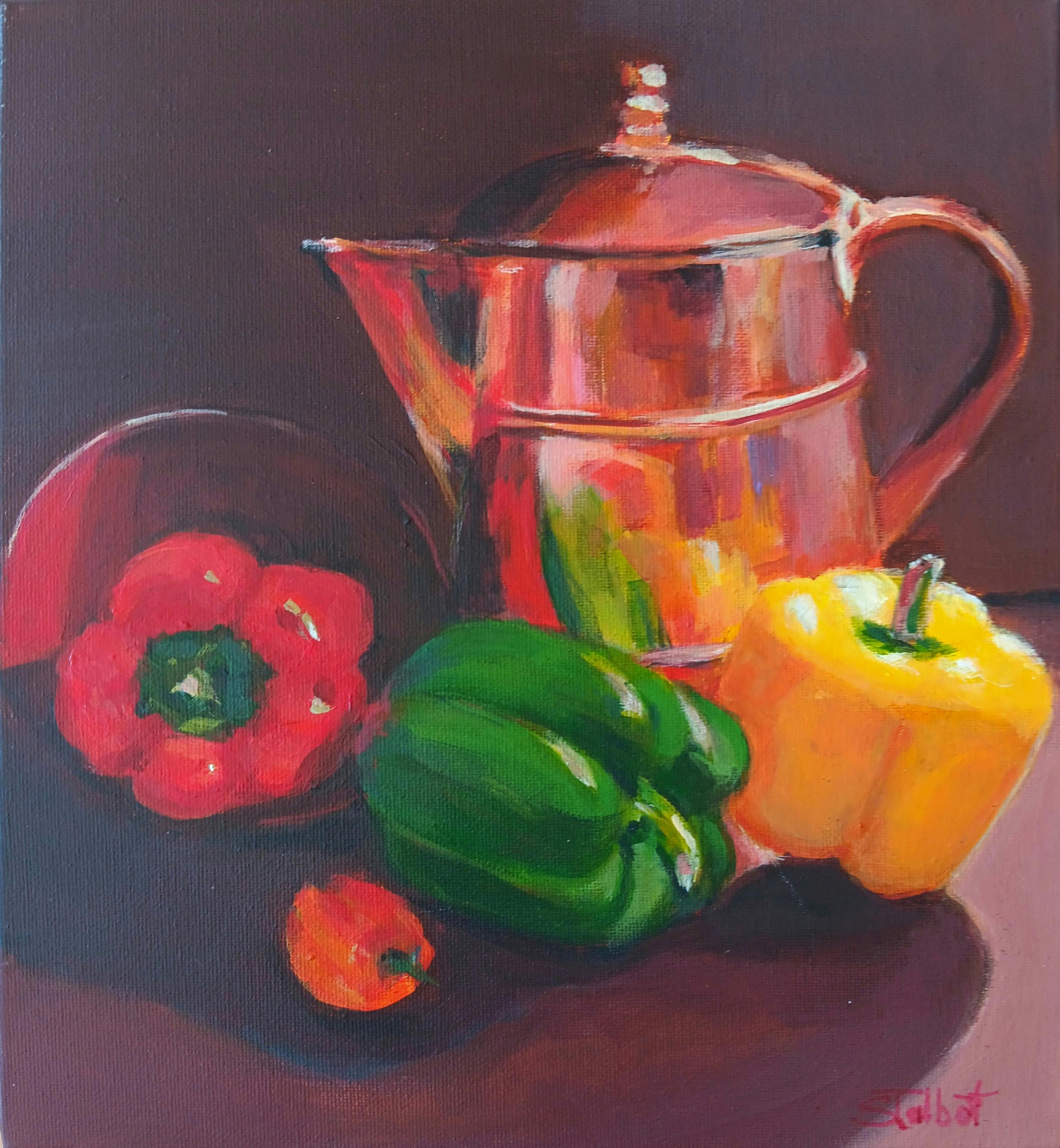 Still life painting of coffee pot and red, green, orange and yellow capsicums.