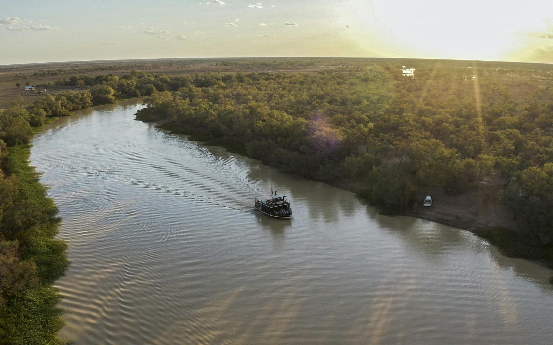 The Thomson Belle paddlewheeler seen from an aerial view