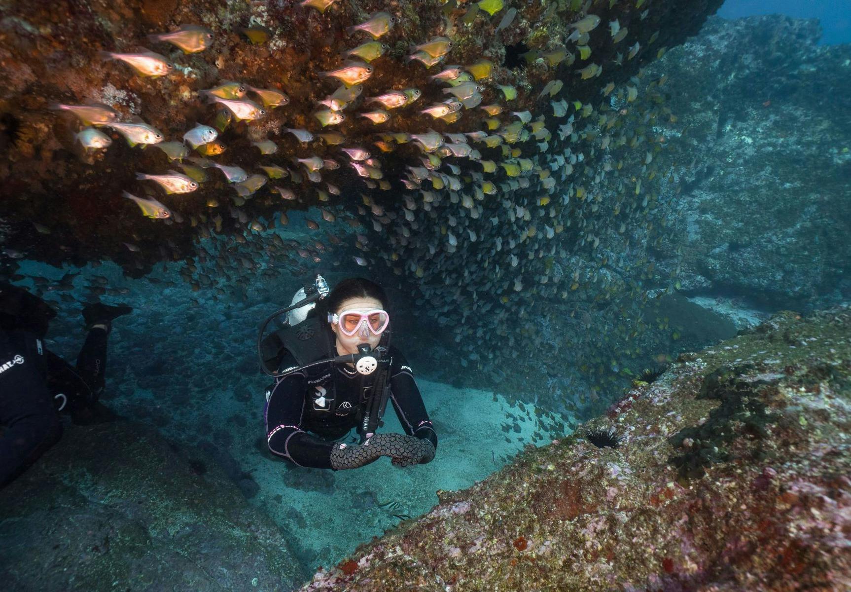 Scuba Diving gliding through water out of natural rock archway