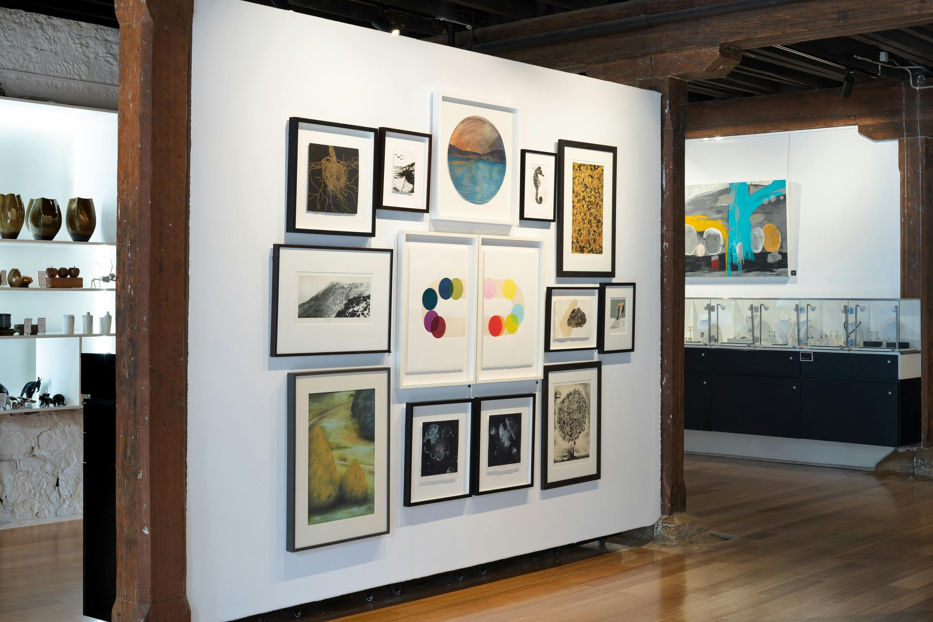 Photo of inside gallery showing the 2023 Summer Salon group exhibition works.