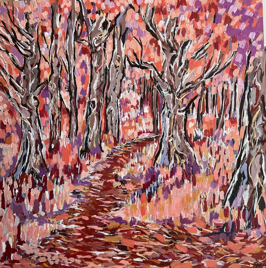 Acrylic painting of a pine forrest in pinkish hues