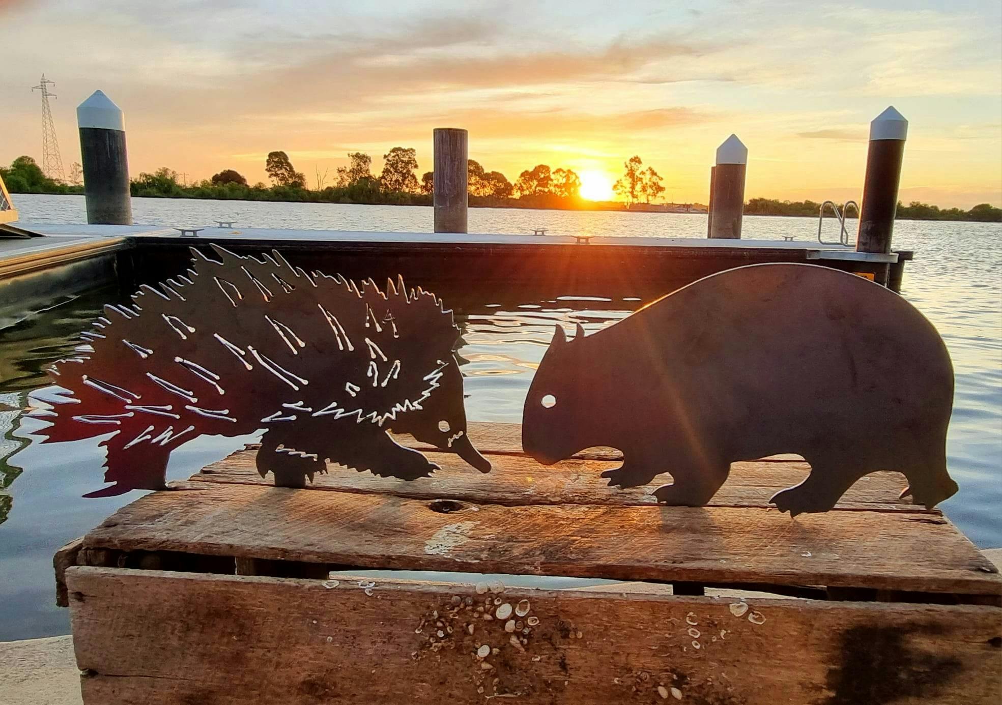 Metal Echidna and Wombat Garden stakes by the River Murray