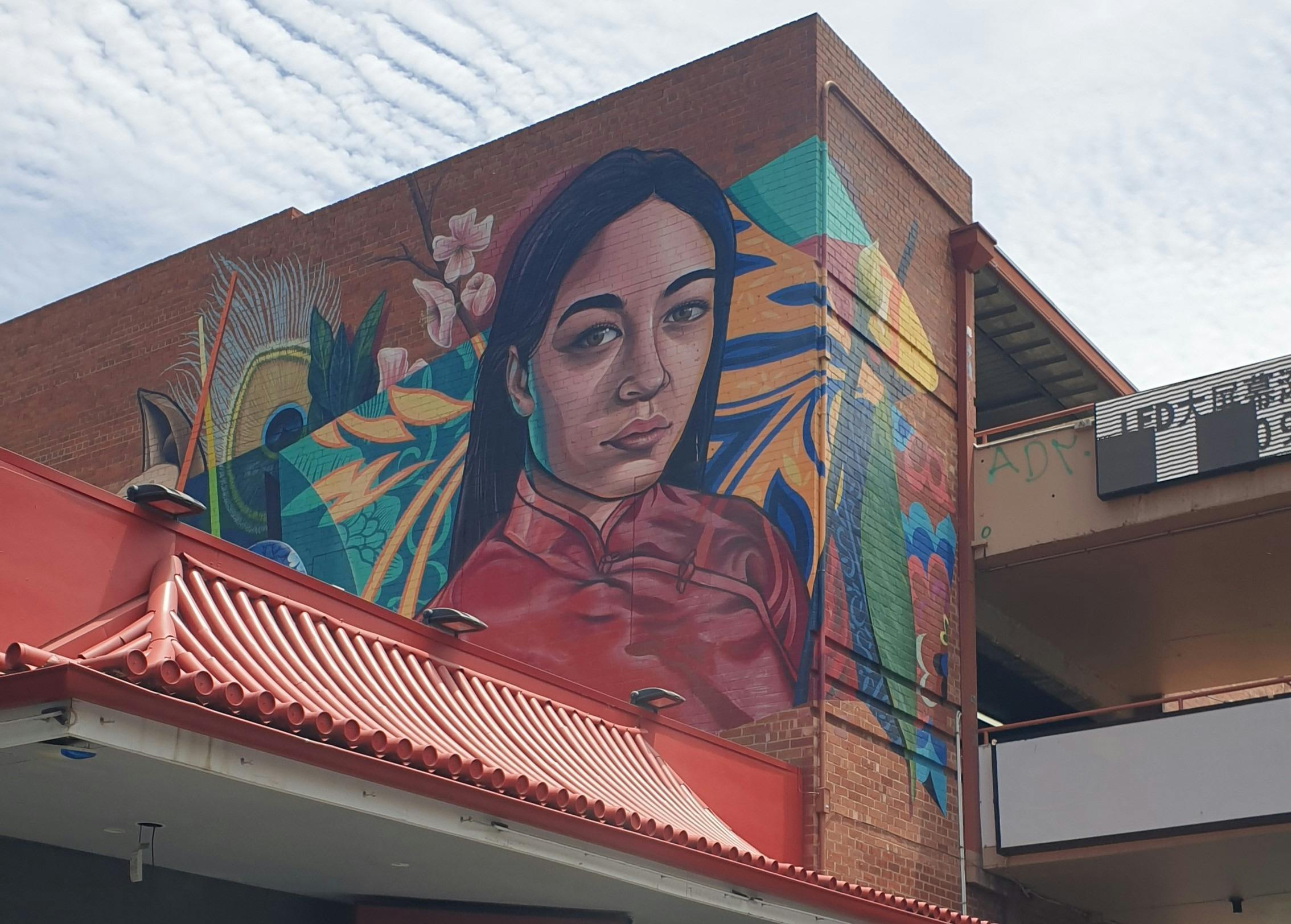 A picture of a woman in Asian dress among a backdrop of colour situated on a rooftop.