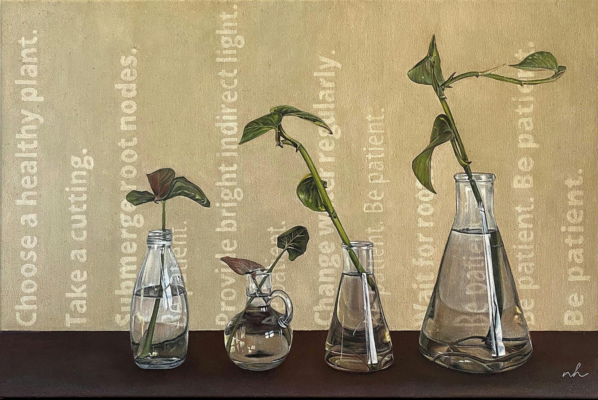 Oil painting of glass vessels with plant cuttings growing and inspiration words as a background