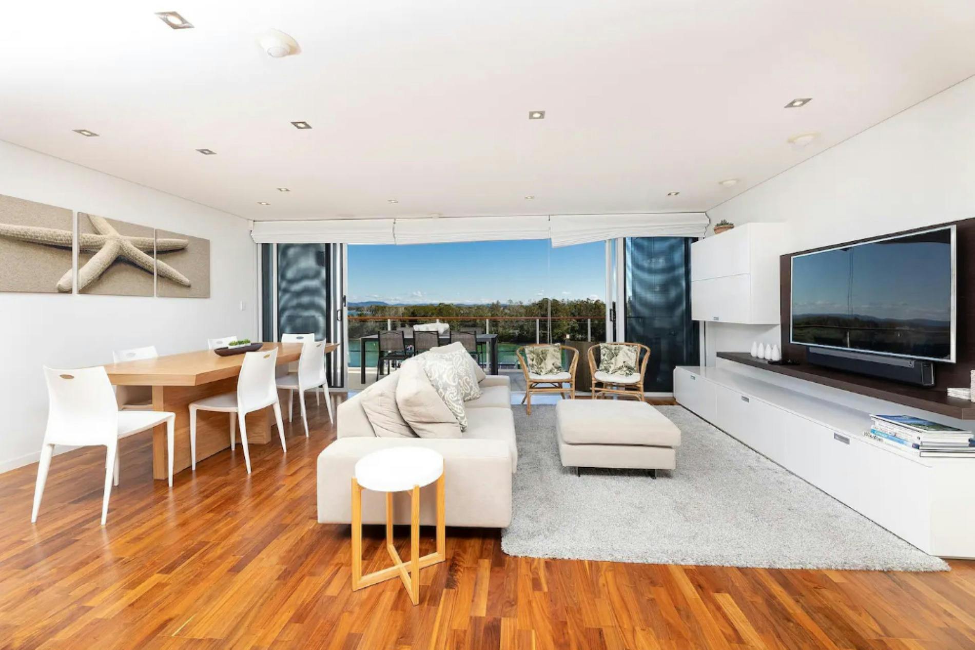 Living room with lake views