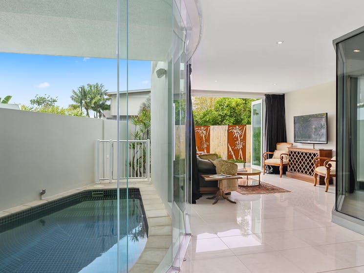 Heated pool and downstairs lounge room