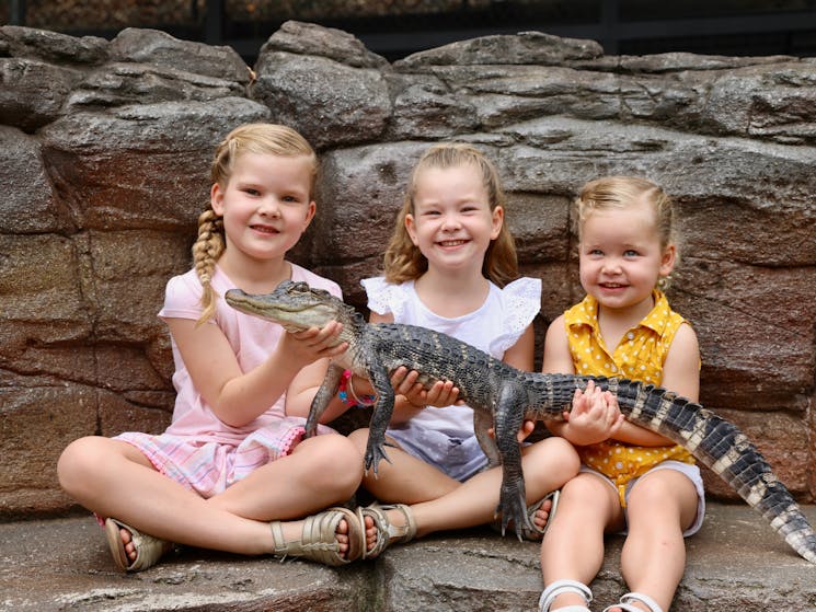 Children holding an alligator