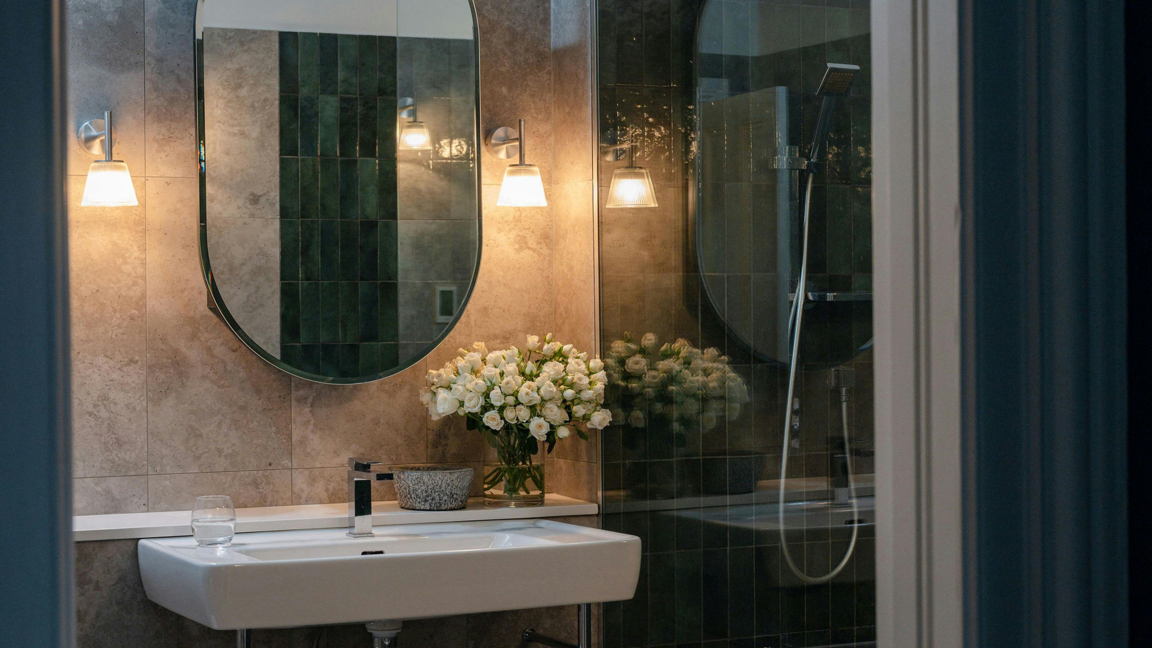 The elegant ensuite of Yallungah Boutique Hotel's Beech Tree Garden Suite.