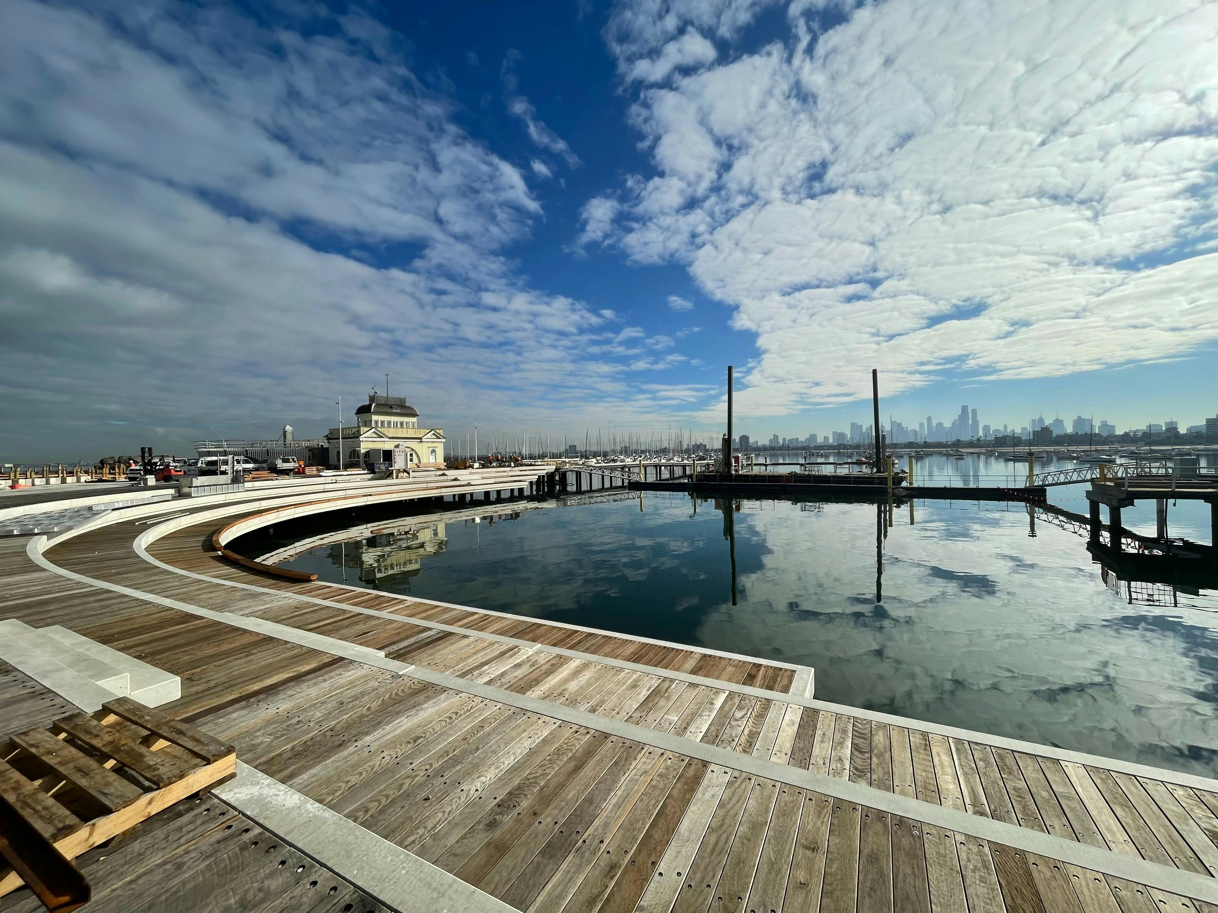 New curved seating at St Kilda Pier