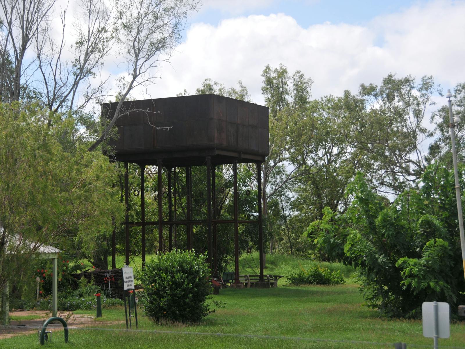 Overhead water tank behind the station.