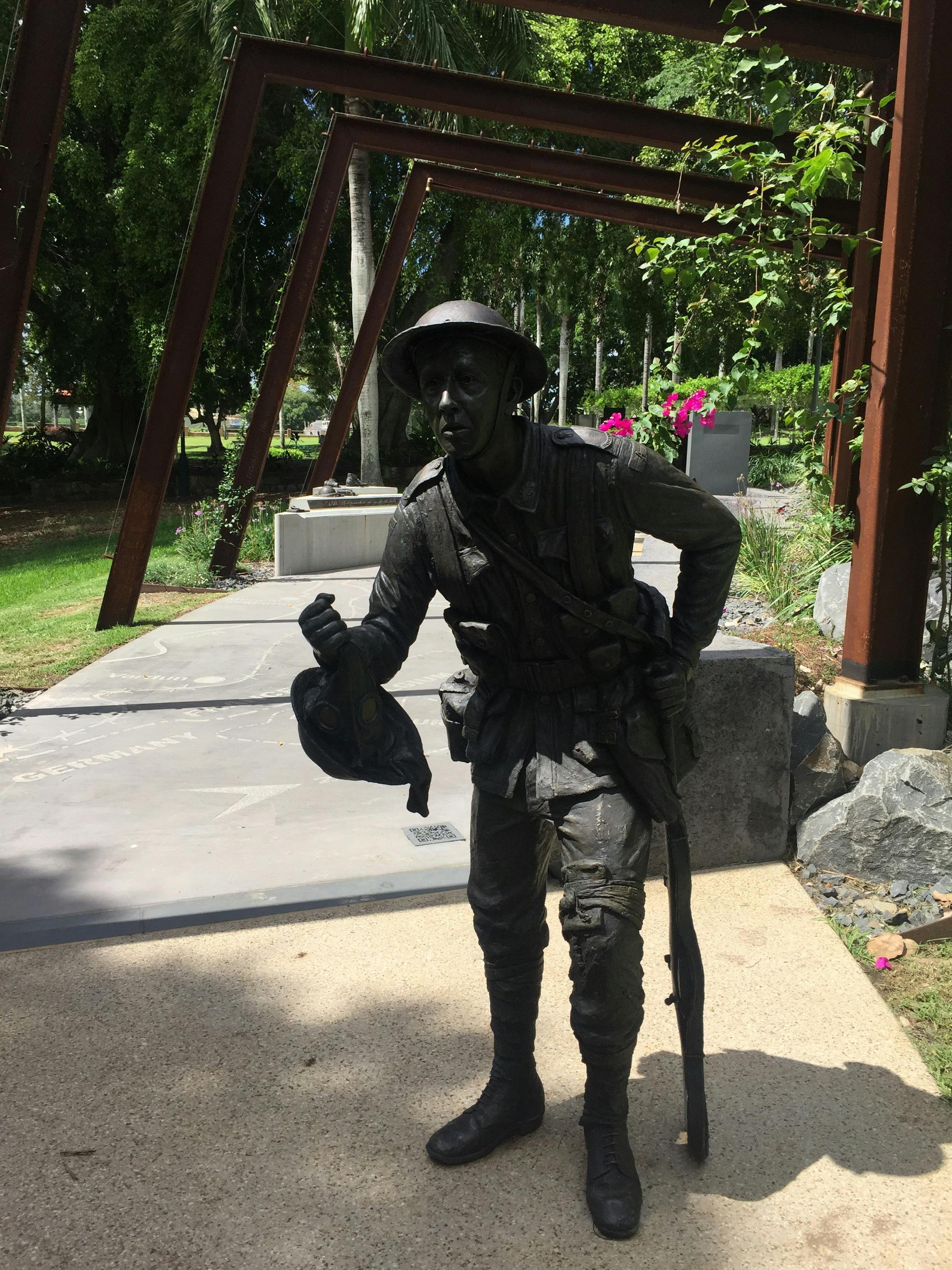photo showing statue of WW1 Soldier at the Gallipoli to Armistice Walk in Queens Park Maryborough