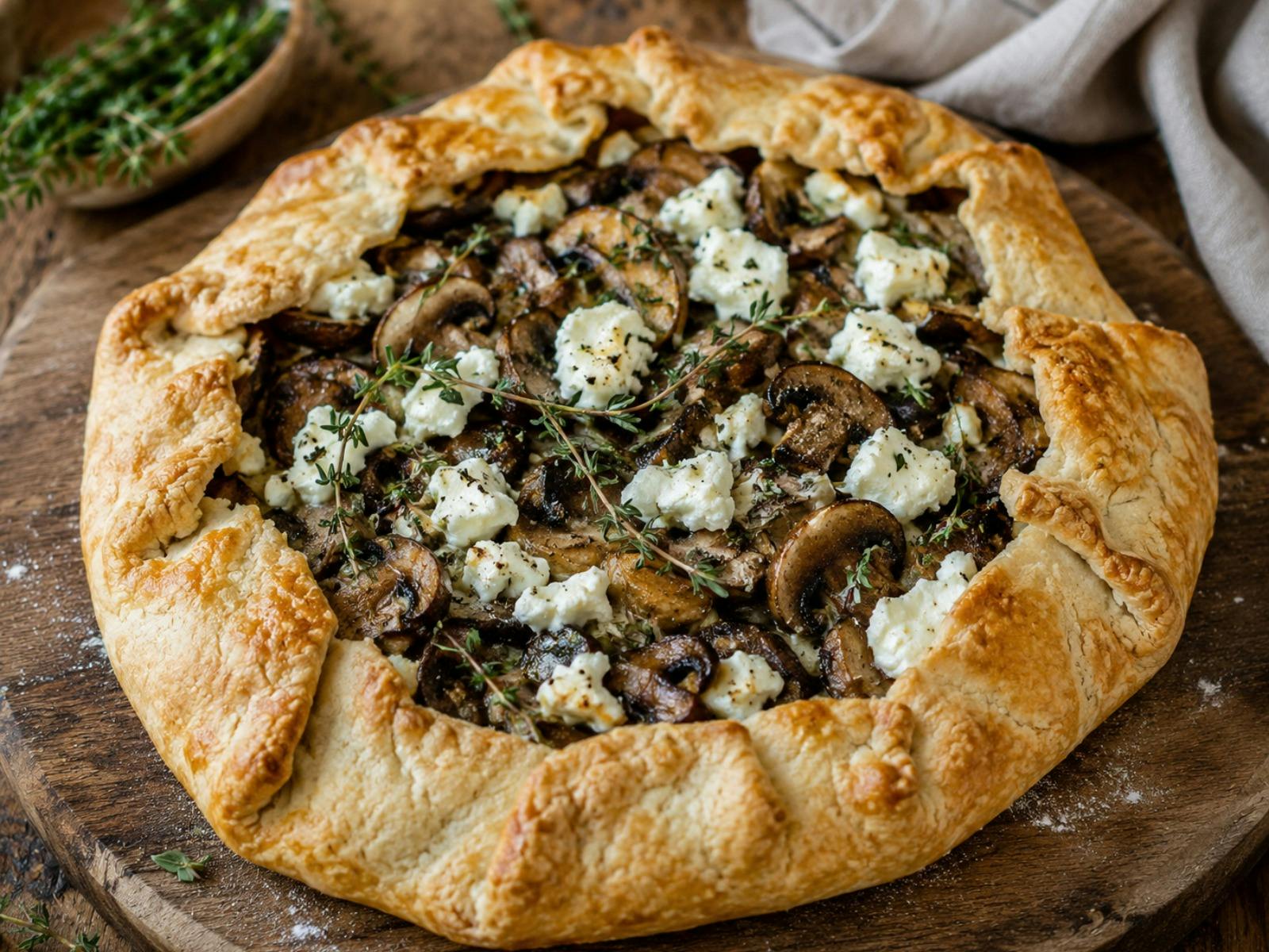 A rustic pastry tart on wooden board filled with Mushrooms, Goats Cheese and Thyme.