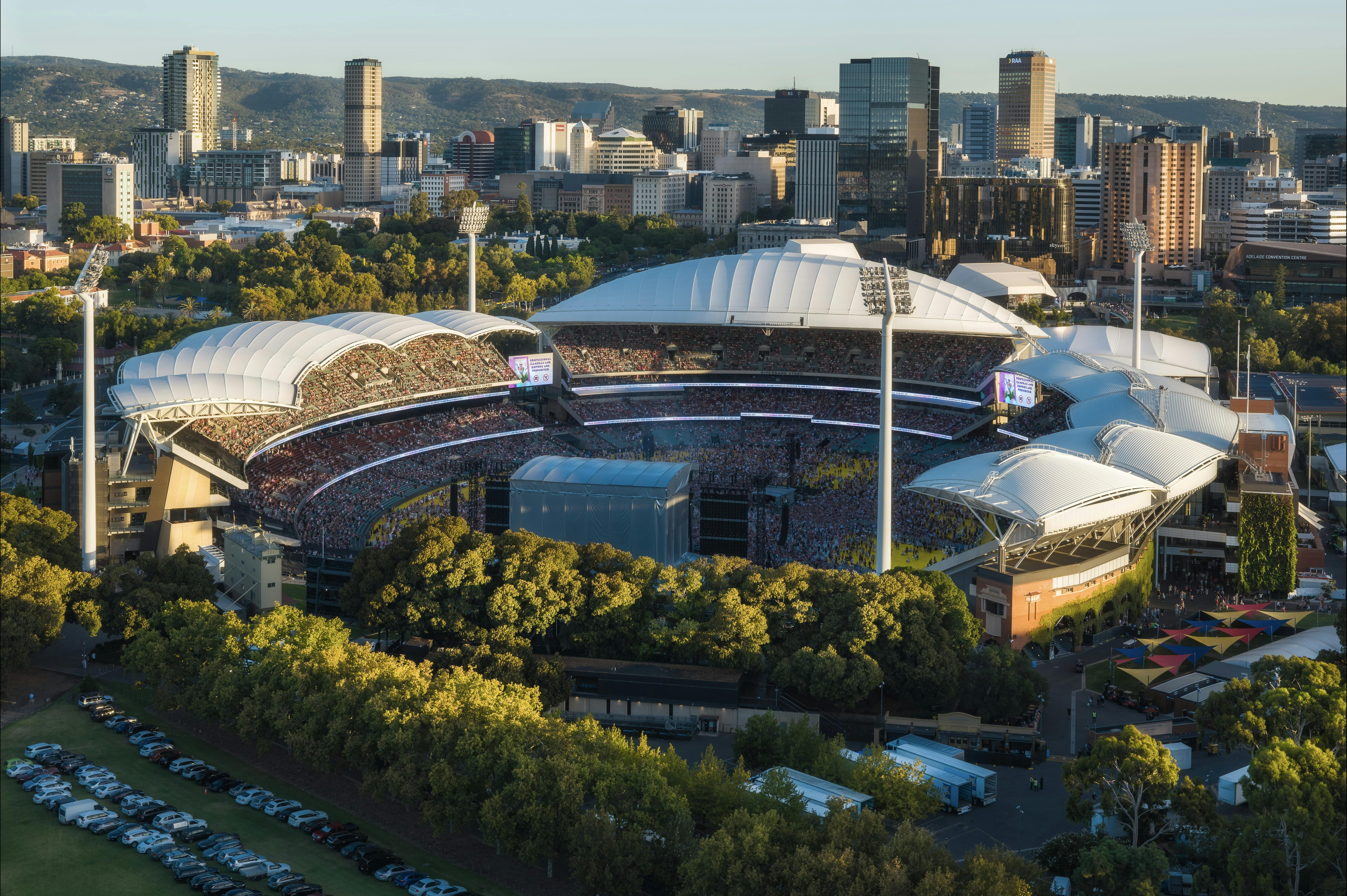 Adelaide Oval with City Centre buildings and Adelaide hills in the background