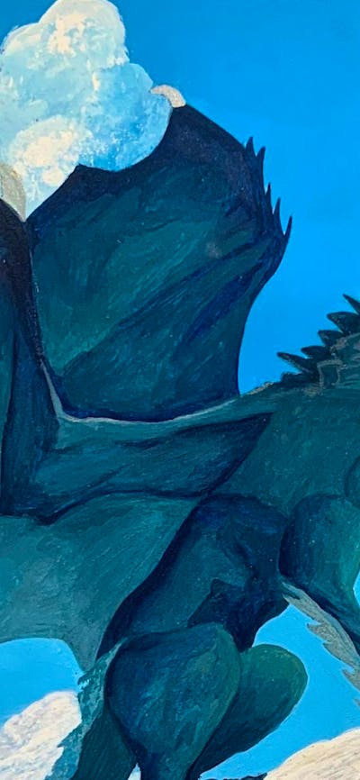 A stylised painting of a dragon on a cliff with its wings spread.