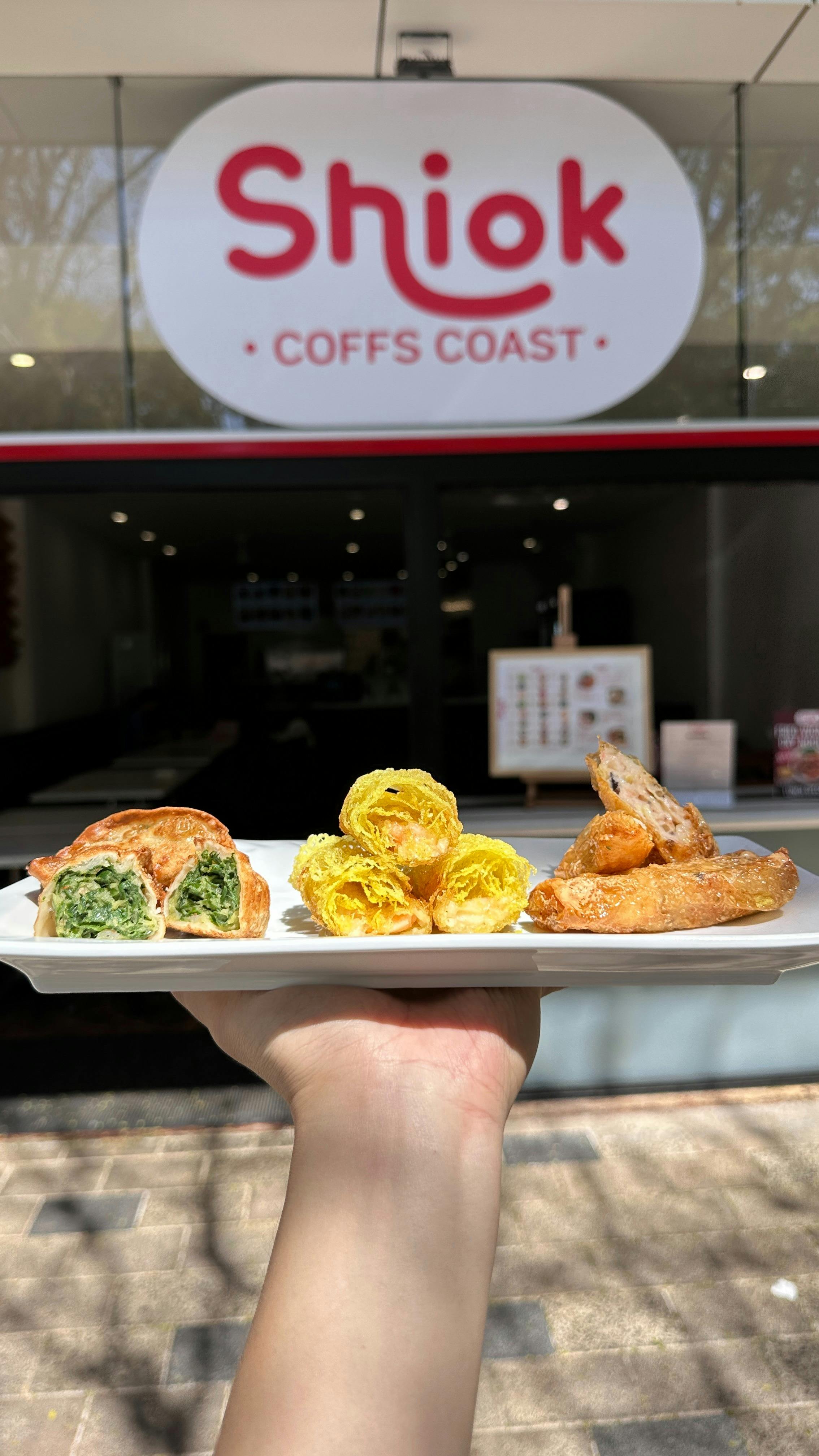 Hand holding plate of fried platter from Shiok Coffs Coast: Chives dumplings, prawn roll, seafood ro