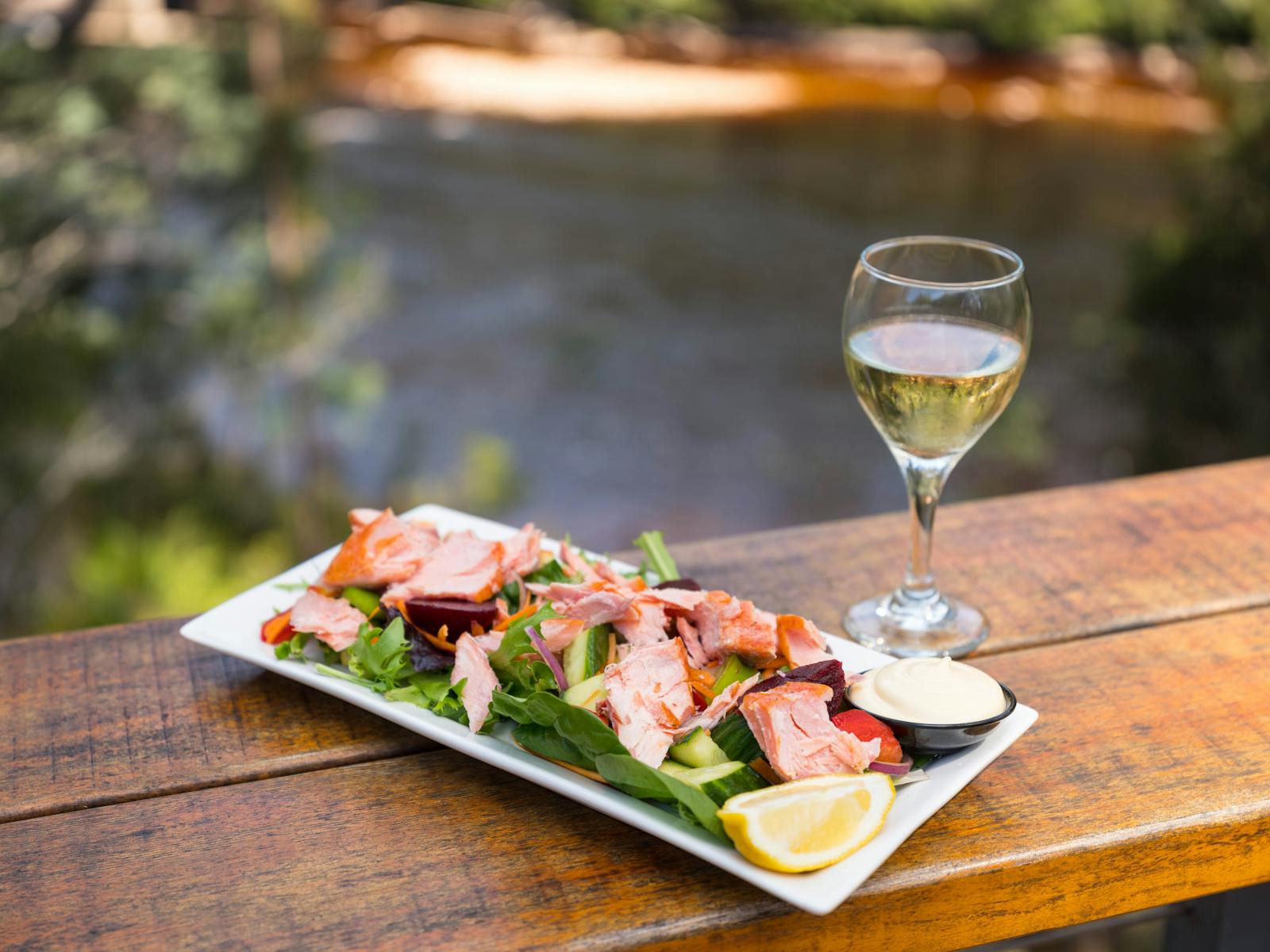 A plate of salmon over salad and glass of wine on bench, overlooking river