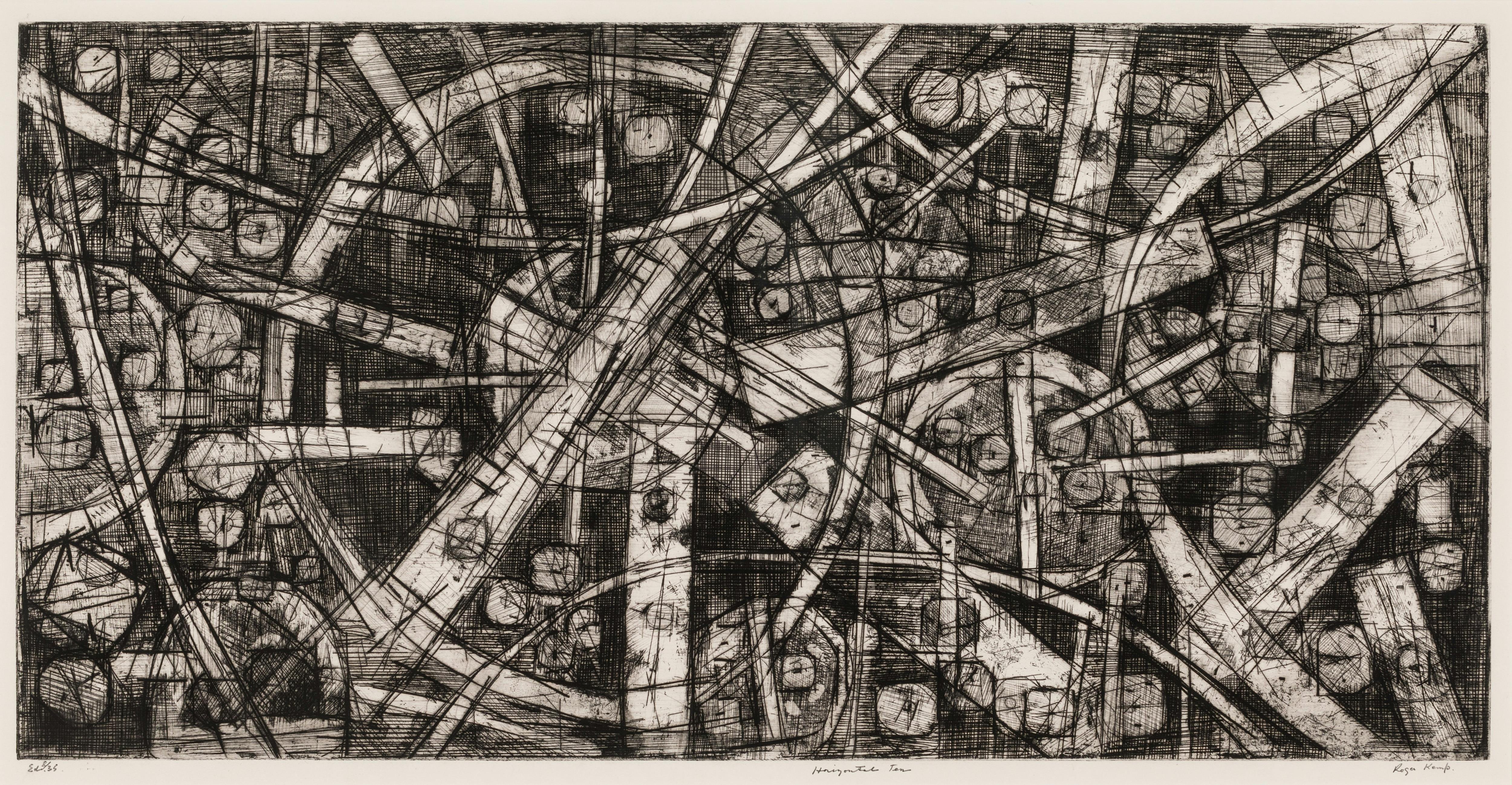 An etching of layered geometric forms